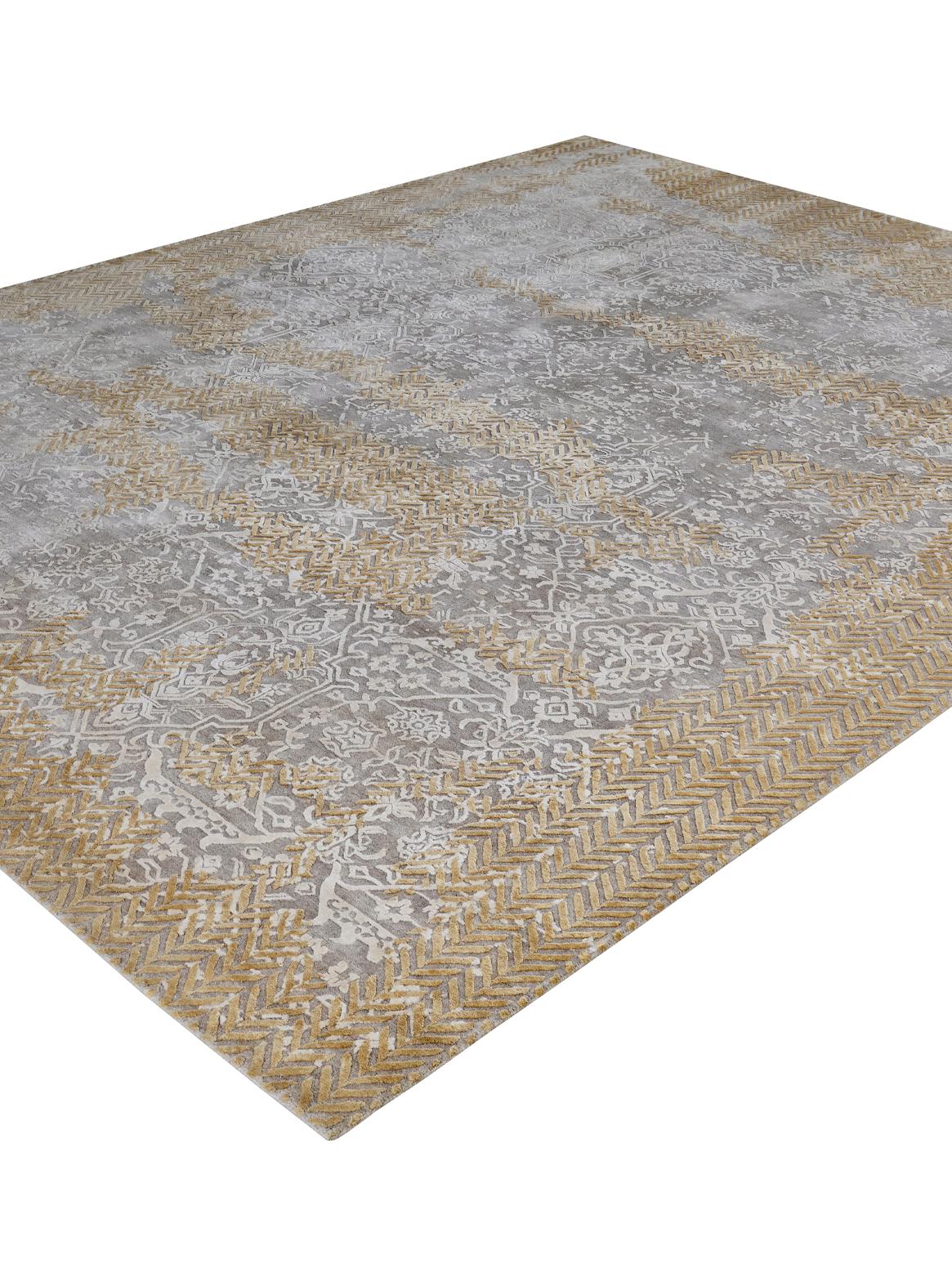 Rococo CRISSARA Hand Knotted Rug in Beige Gold & Grey Blue Colours by Hands For Sale