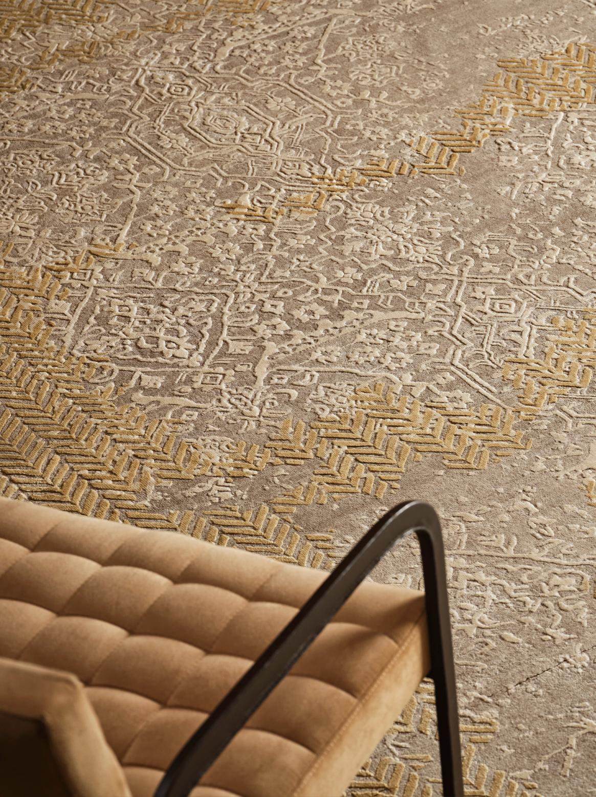 Indian CRISSARA Hand Knotted Rug in Beige Gold & Grey Blue Colours by Hands For Sale