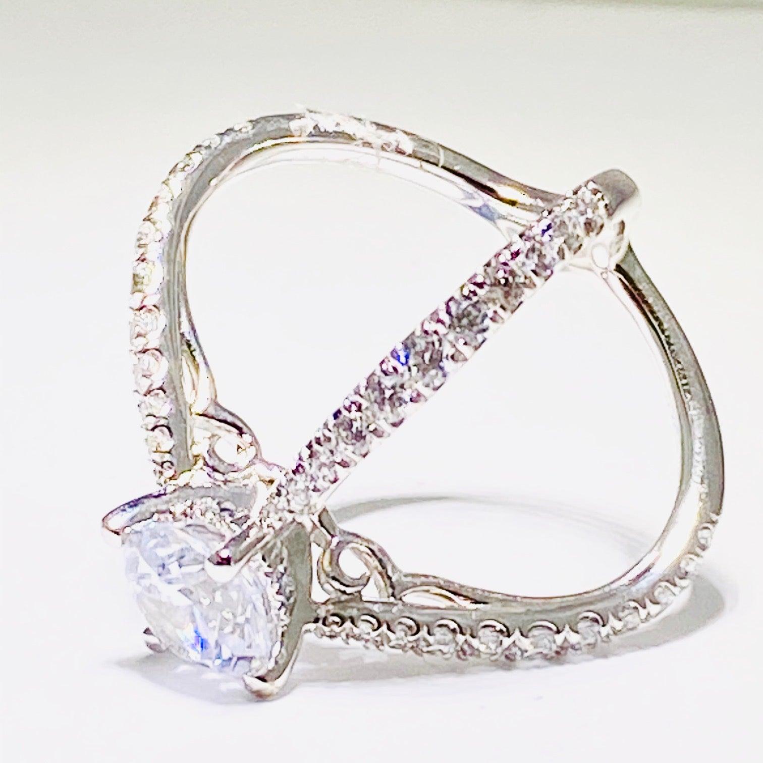 For Sale:  Crisscross Diamond Engagement Ring, 14 Karat White Gold X-Ring with Diamond Band 2