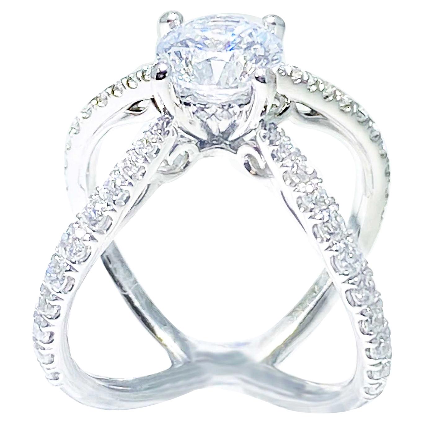 Crisscross Diamond Engagement Ring, 14 Karat White Gold X-Ring with Diamond Band