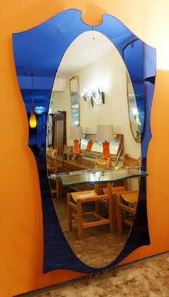 Specchio da console in vetro blu e ottone Cristal Arte, Italia, anni '50