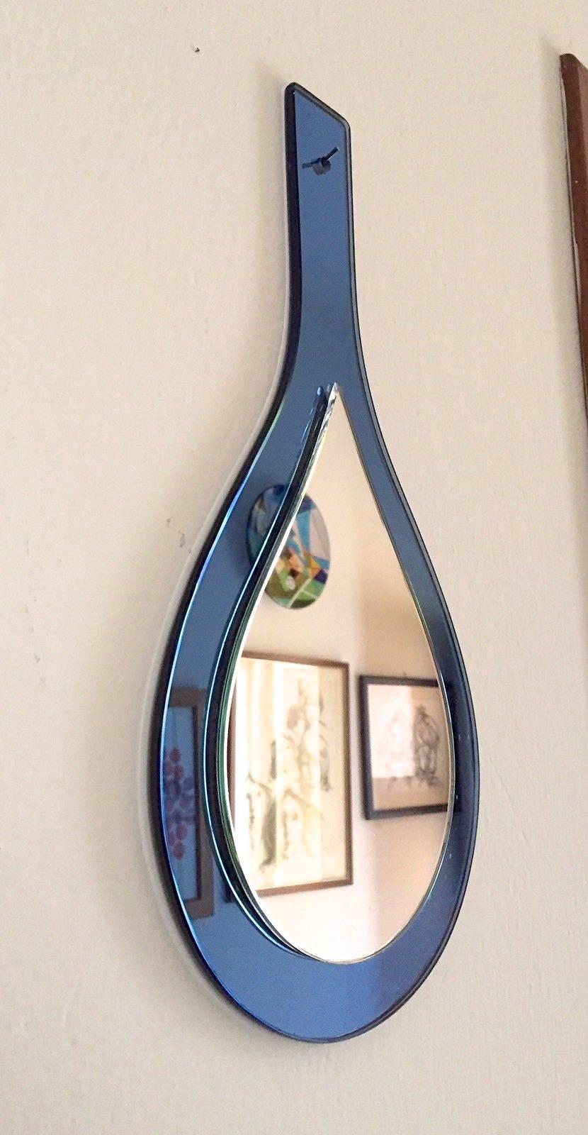 Mid-Century Modern Cristal Art Blue Glass Hand-Held Mirror For Sale