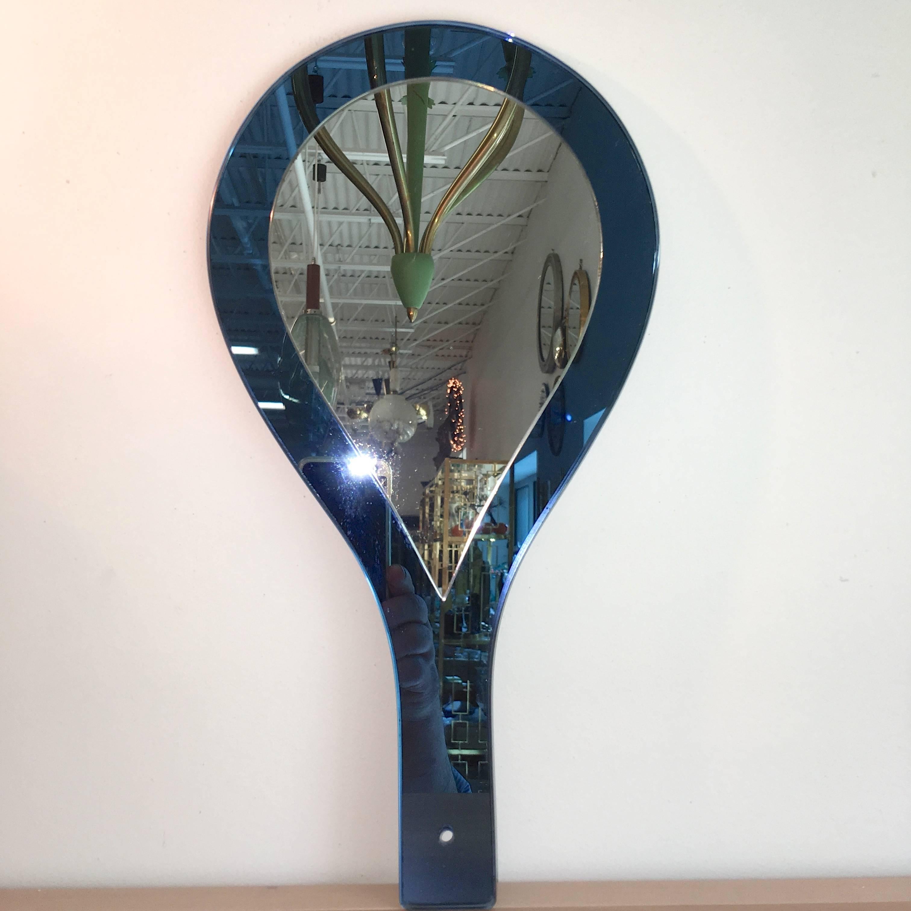 Cristal Art Blue Glass Hand-Held Mirror In Excellent Condition For Sale In Hanover, MA