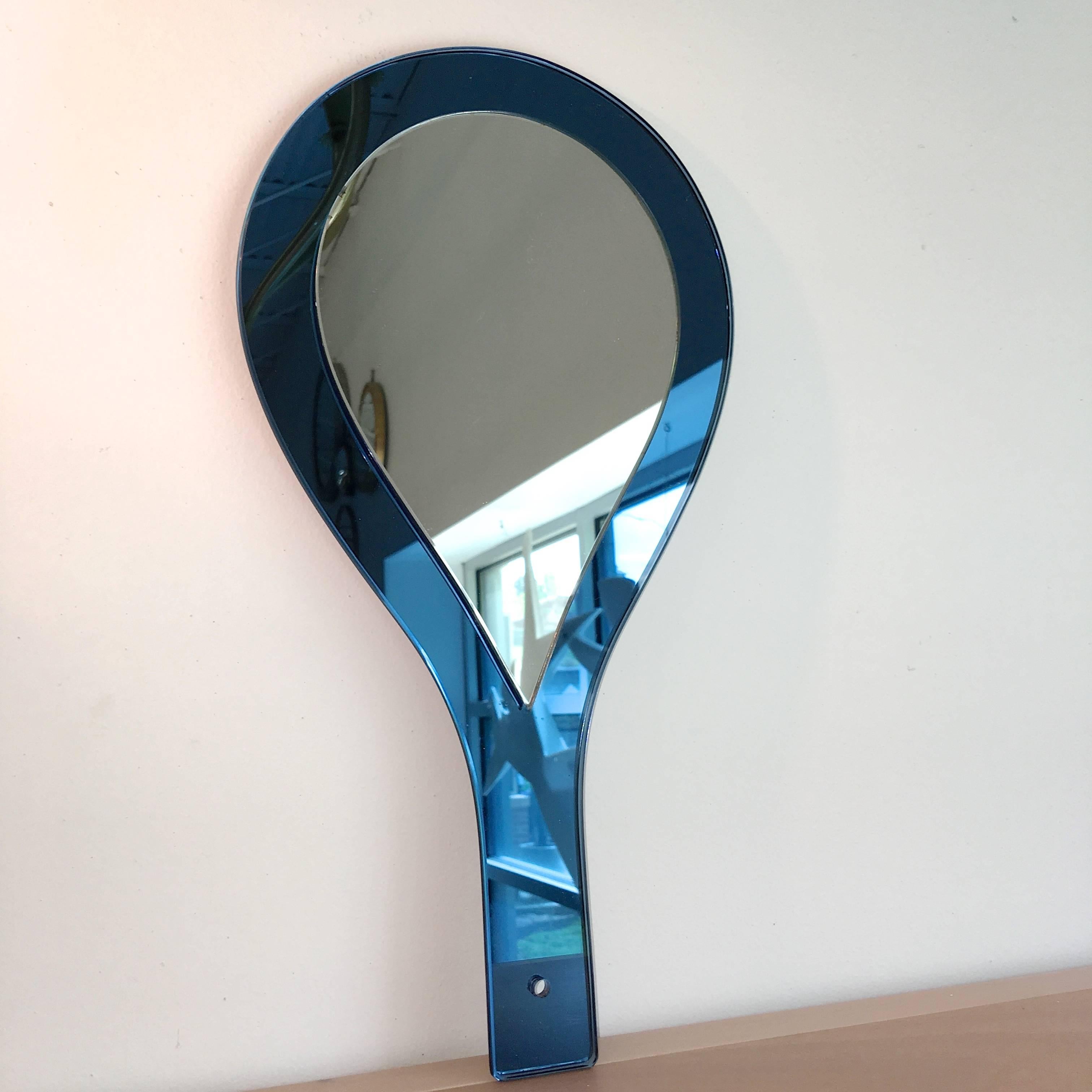 Mid-20th Century Cristal Art Blue Glass Hand-Held Mirror For Sale