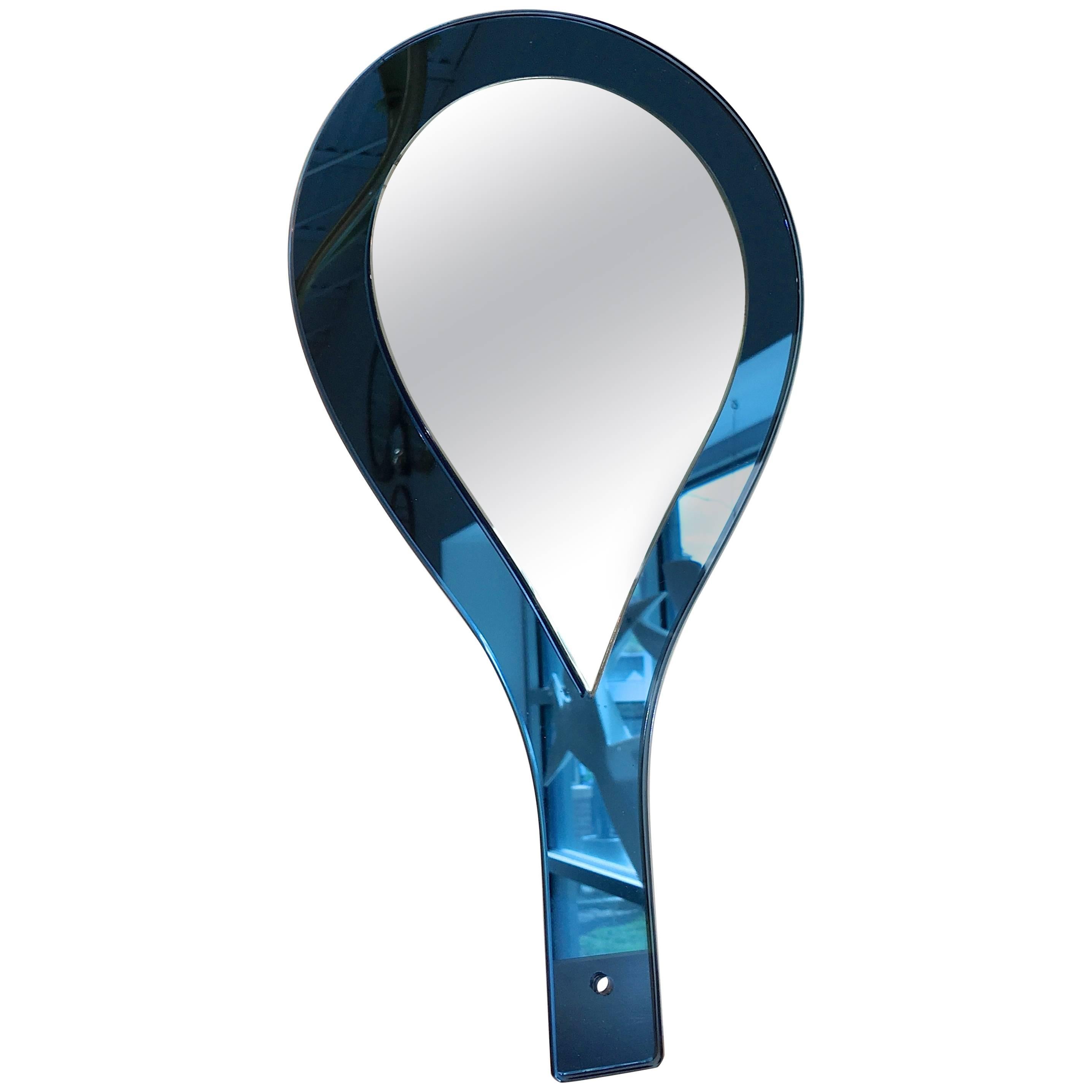 Cristal Art Blue Glass Hand-Held Mirror For Sale