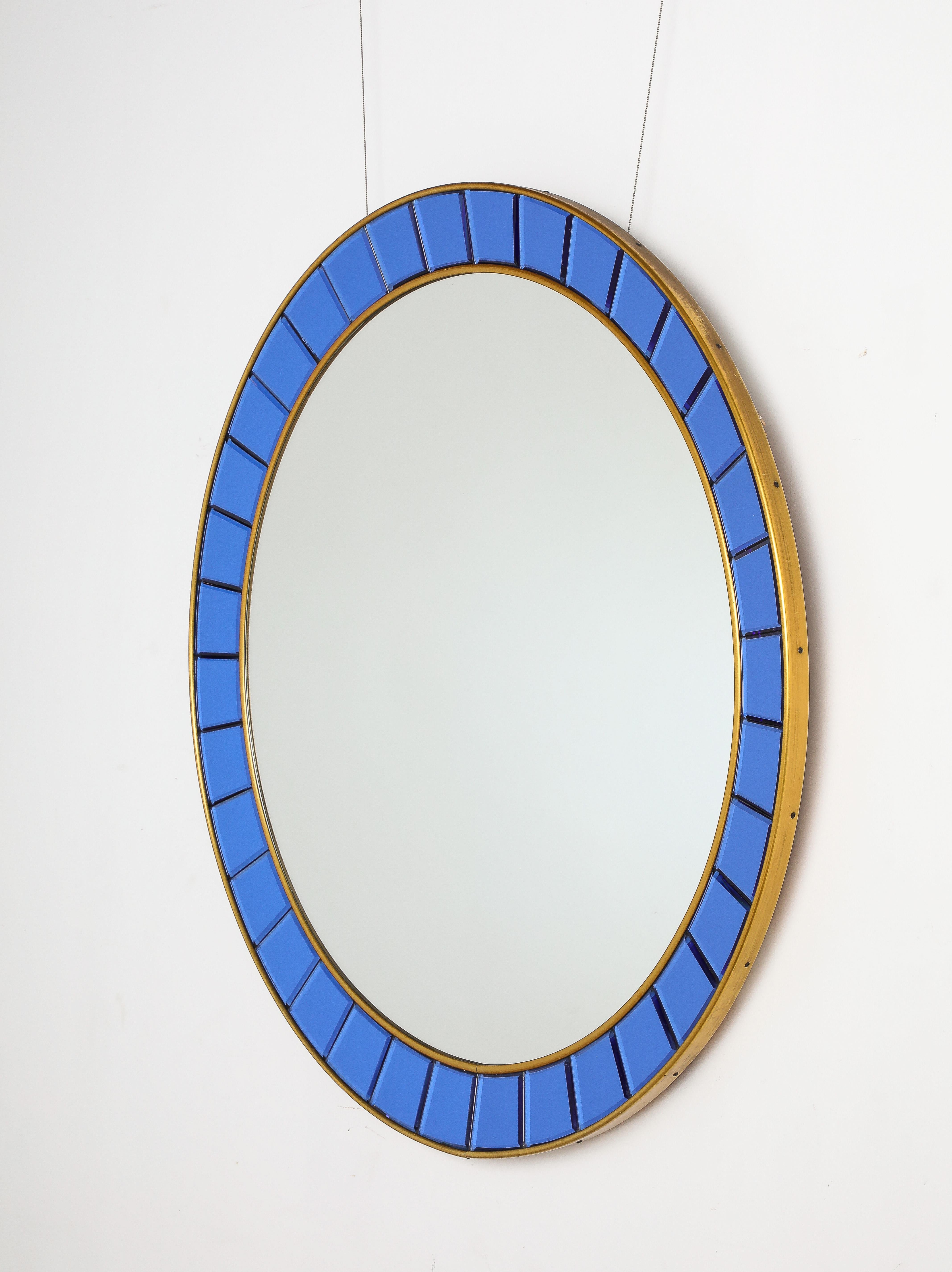 Mid-Century Modern Cristal Art Circular Blue Wall Mirror No. 2679, Turin, Italy, circa 1950's  For Sale