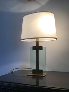 Cristal Art Couple Table Lamp Brass Cristal Cloth Shade, 1960