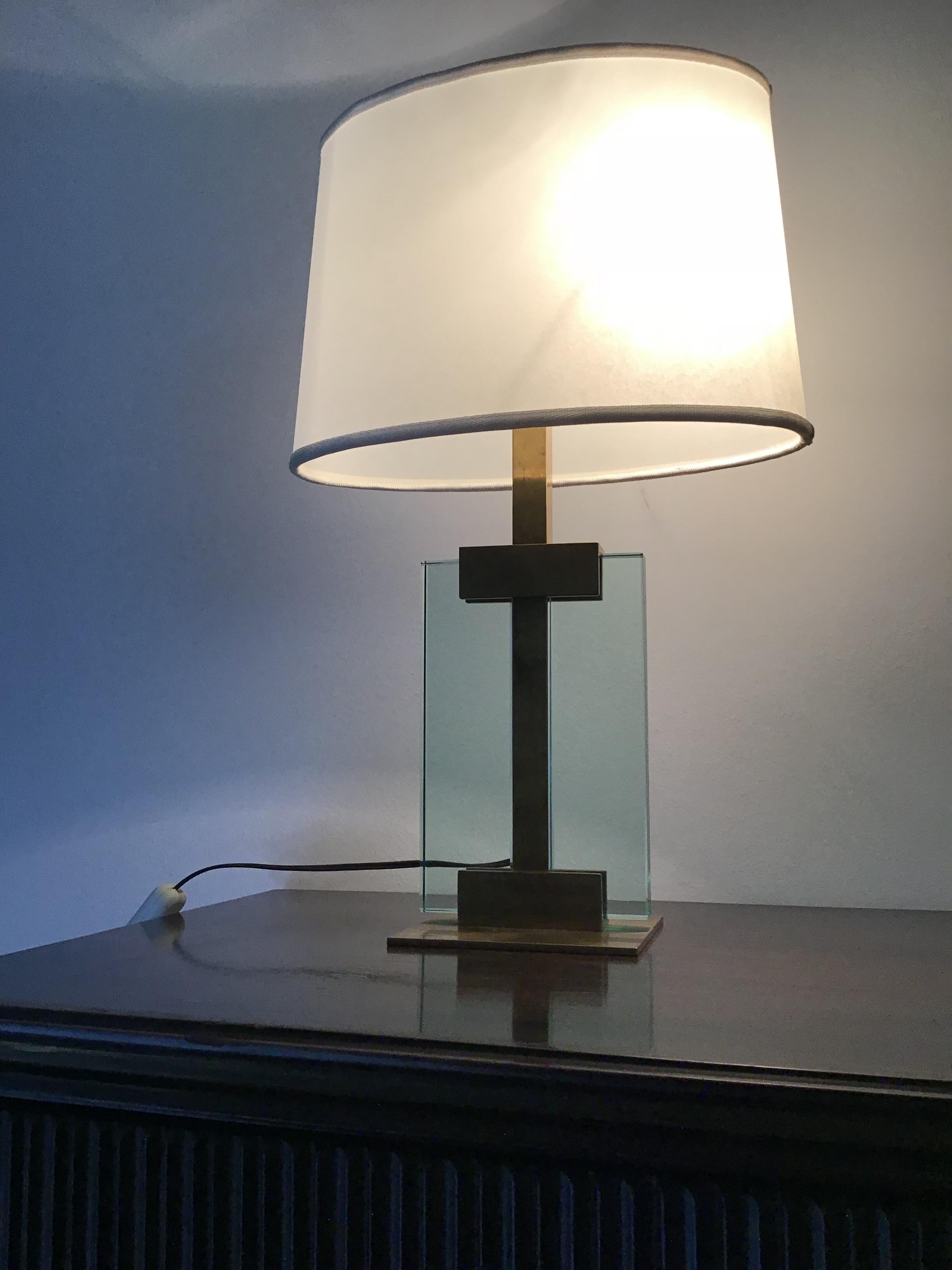 Cristal Art Couple Table Lamp Brass Cristal Cloth Shade, 1960 In Excellent Condition In Milano, IT