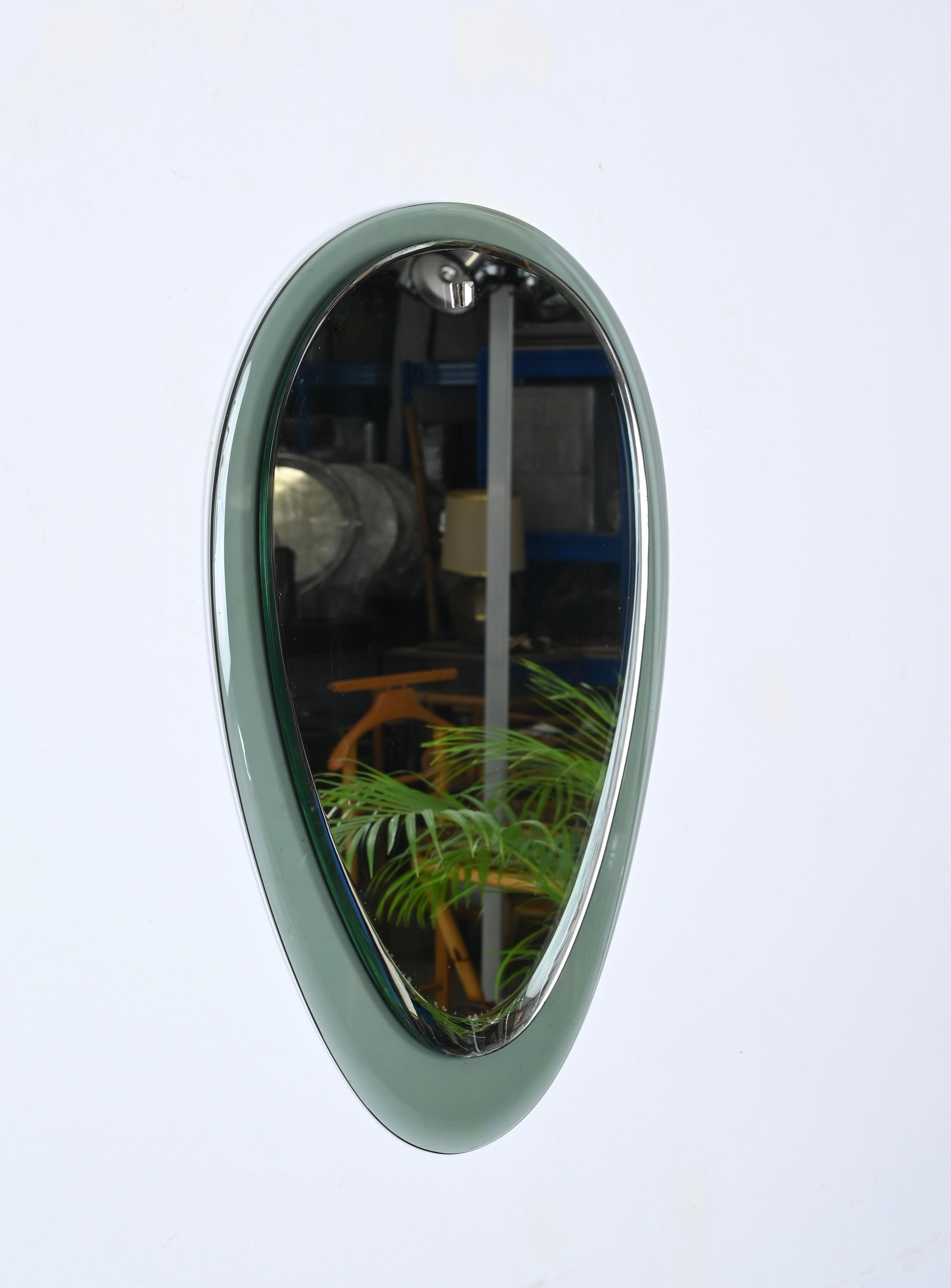 Mid-Century Modern Cristal Art Green Aquamarine Beveled Oval Wall Mirror, Italy, 1950s For Sale