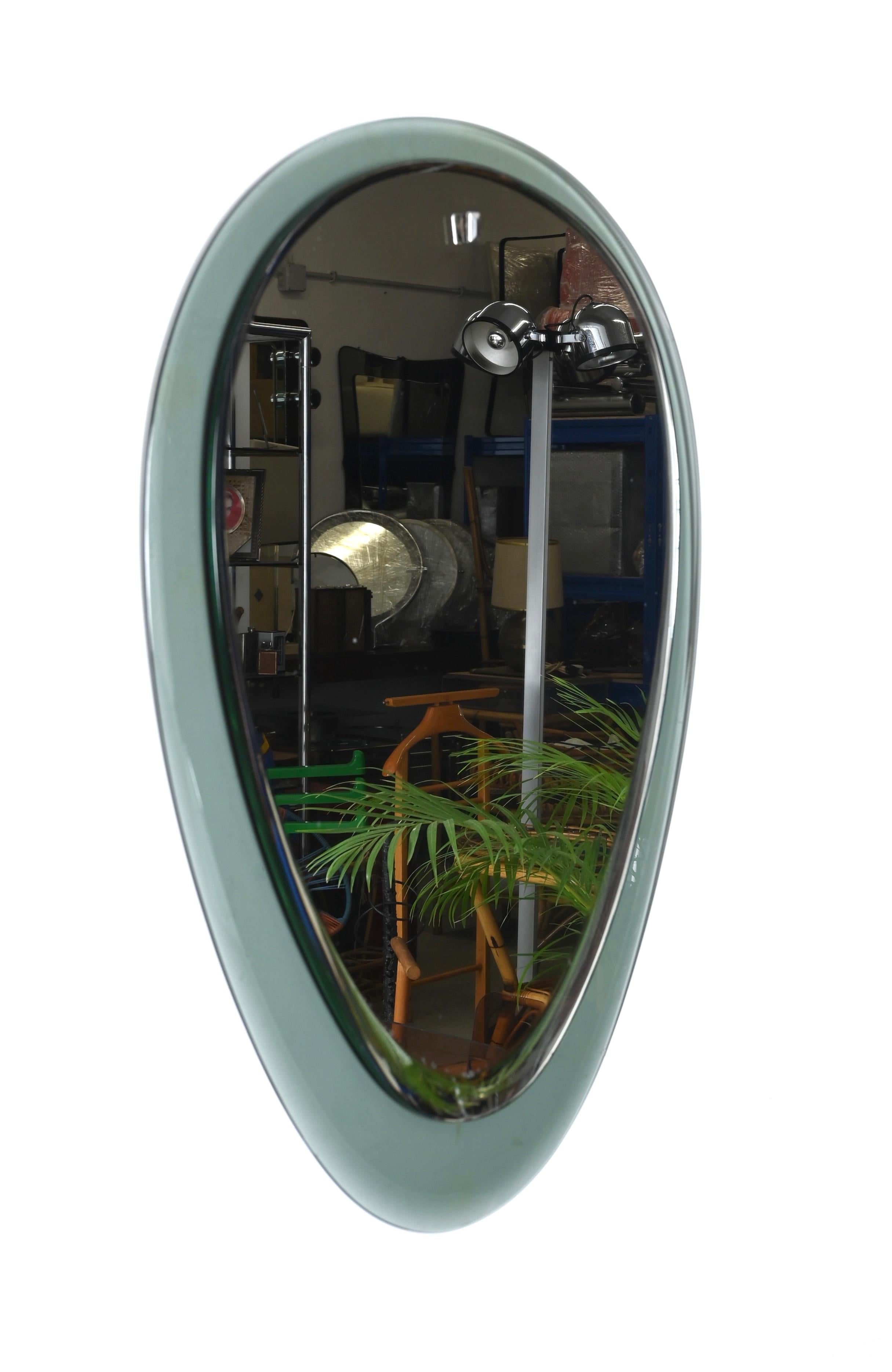 Italian Cristal Art Green Aquamarine Beveled Oval Wall Mirror, Italy, 1950s For Sale