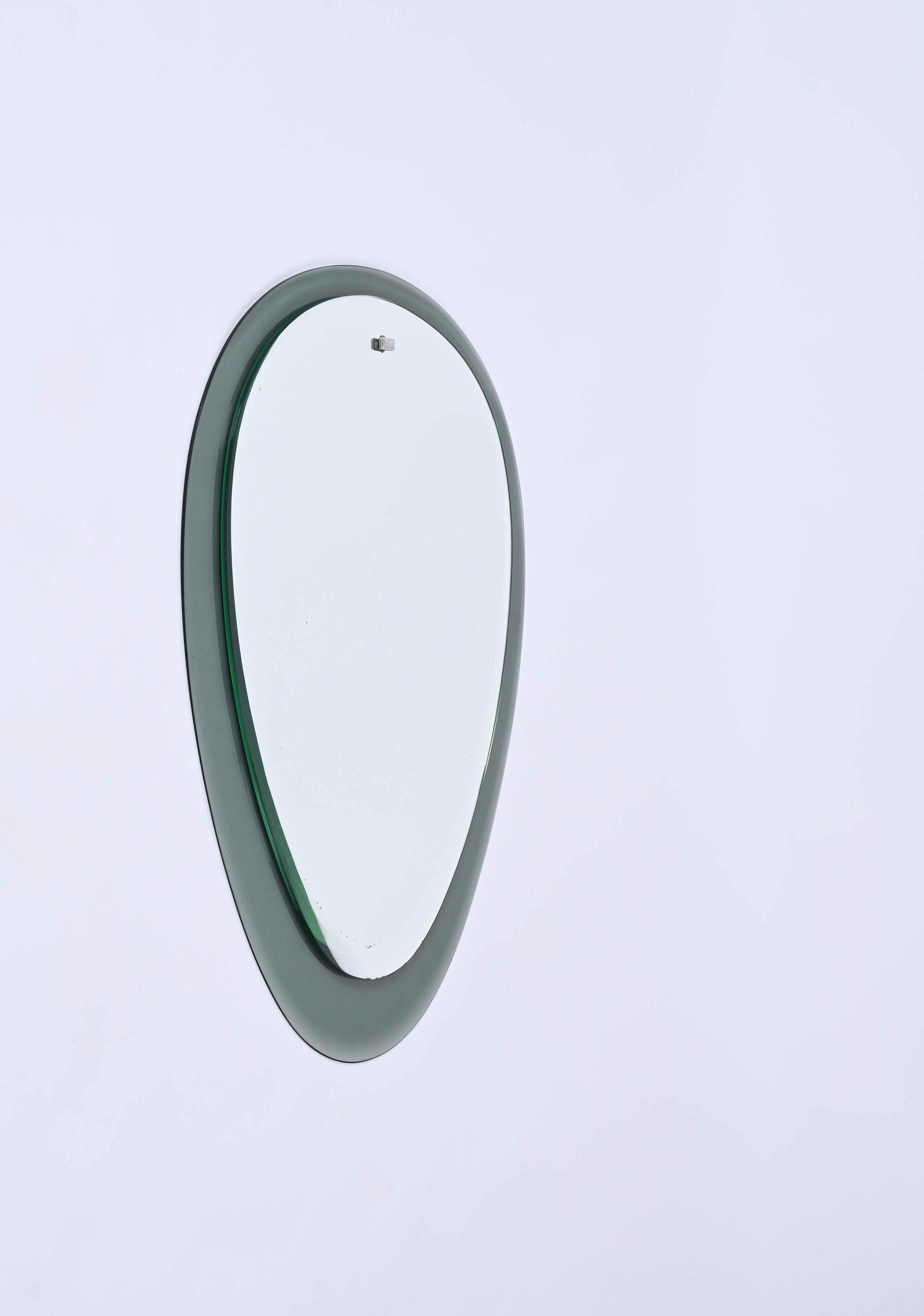 Glass Cristal Art Green Aquamarine Beveled Oval Wall Mirror, Italy, 1950s For Sale