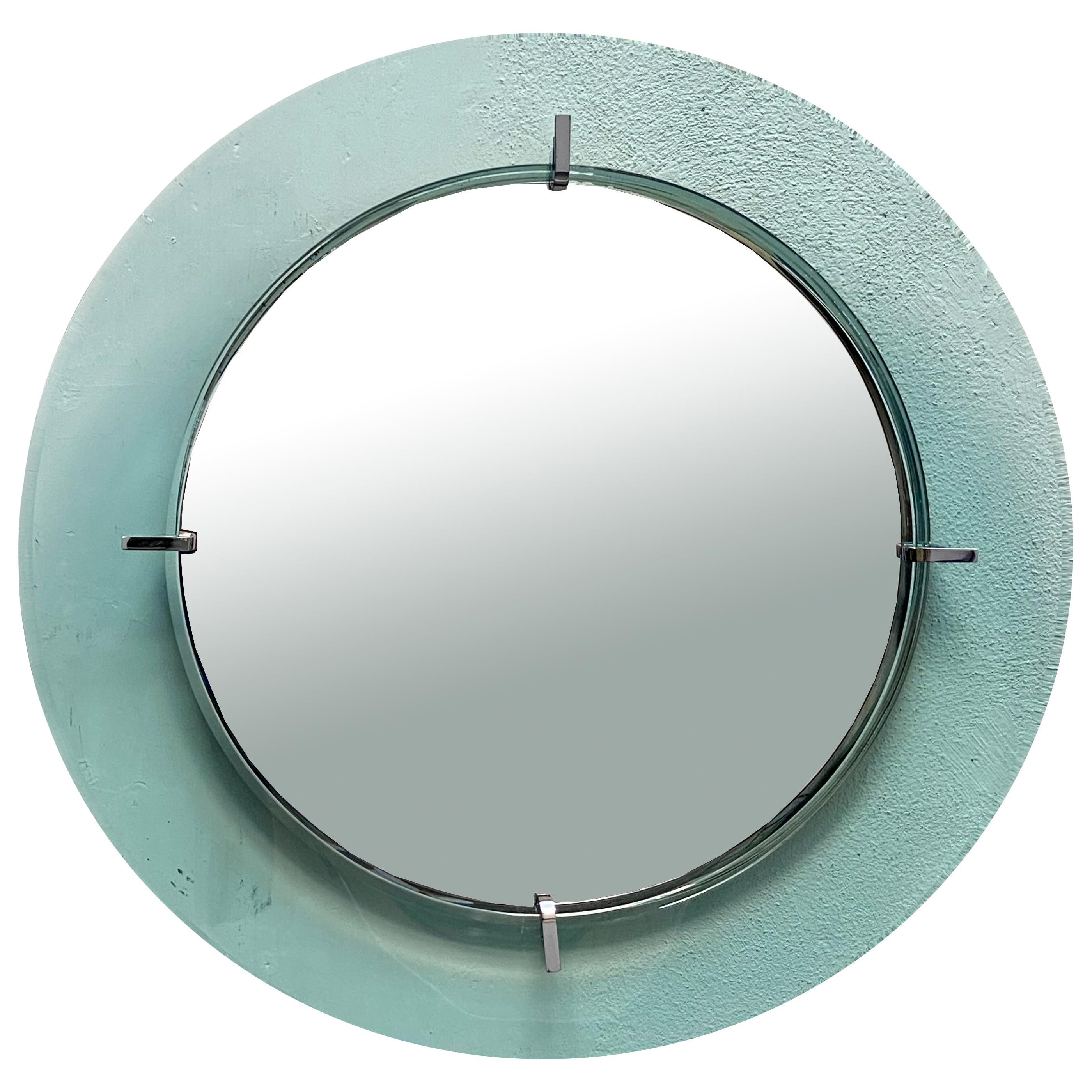 Cristal Art Green Glass Framed Round Wall Mirror, Italy, 1960s