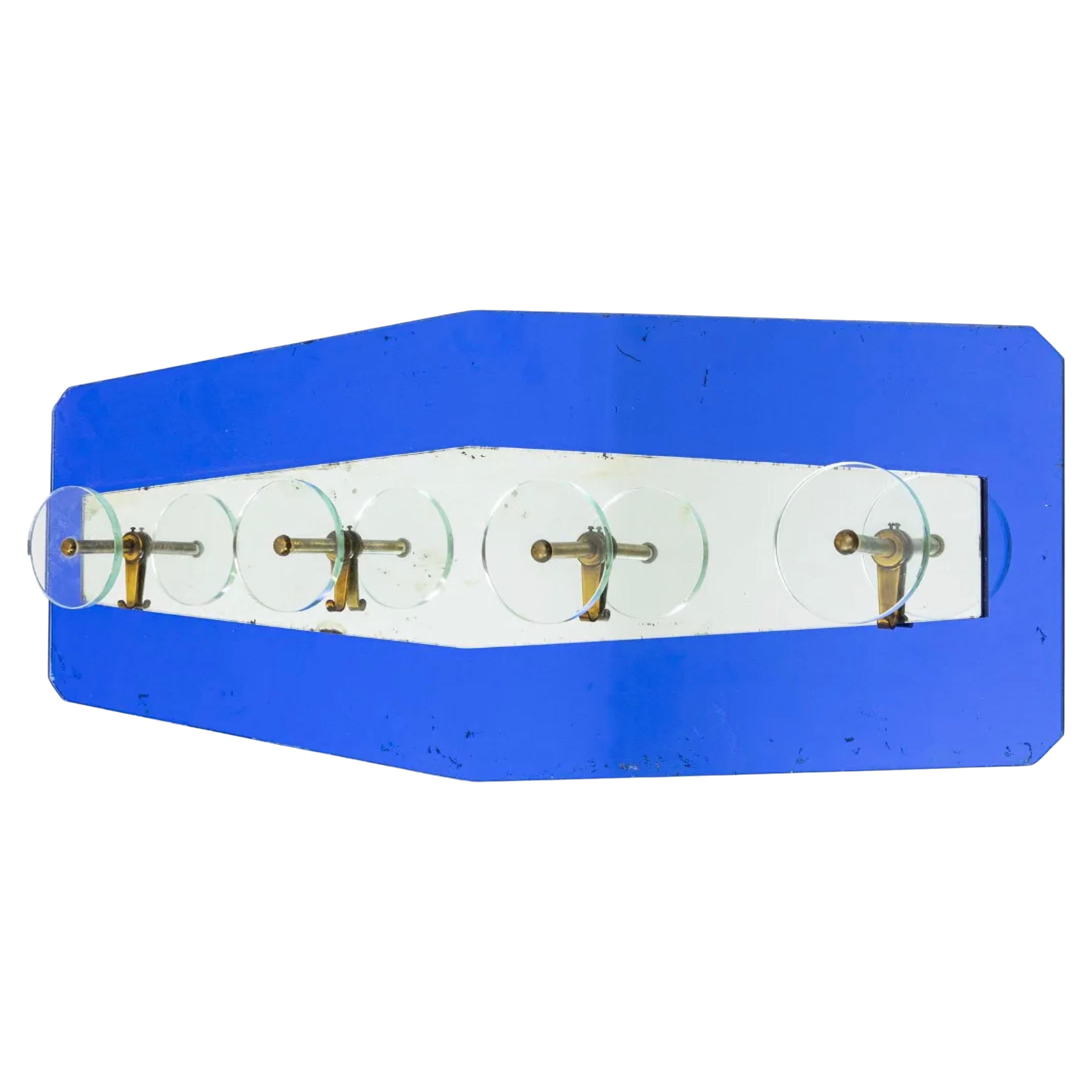 Cristal Art Italian Coat & Hat Rack in Cobalt Blue Mirror and Brass For Sale