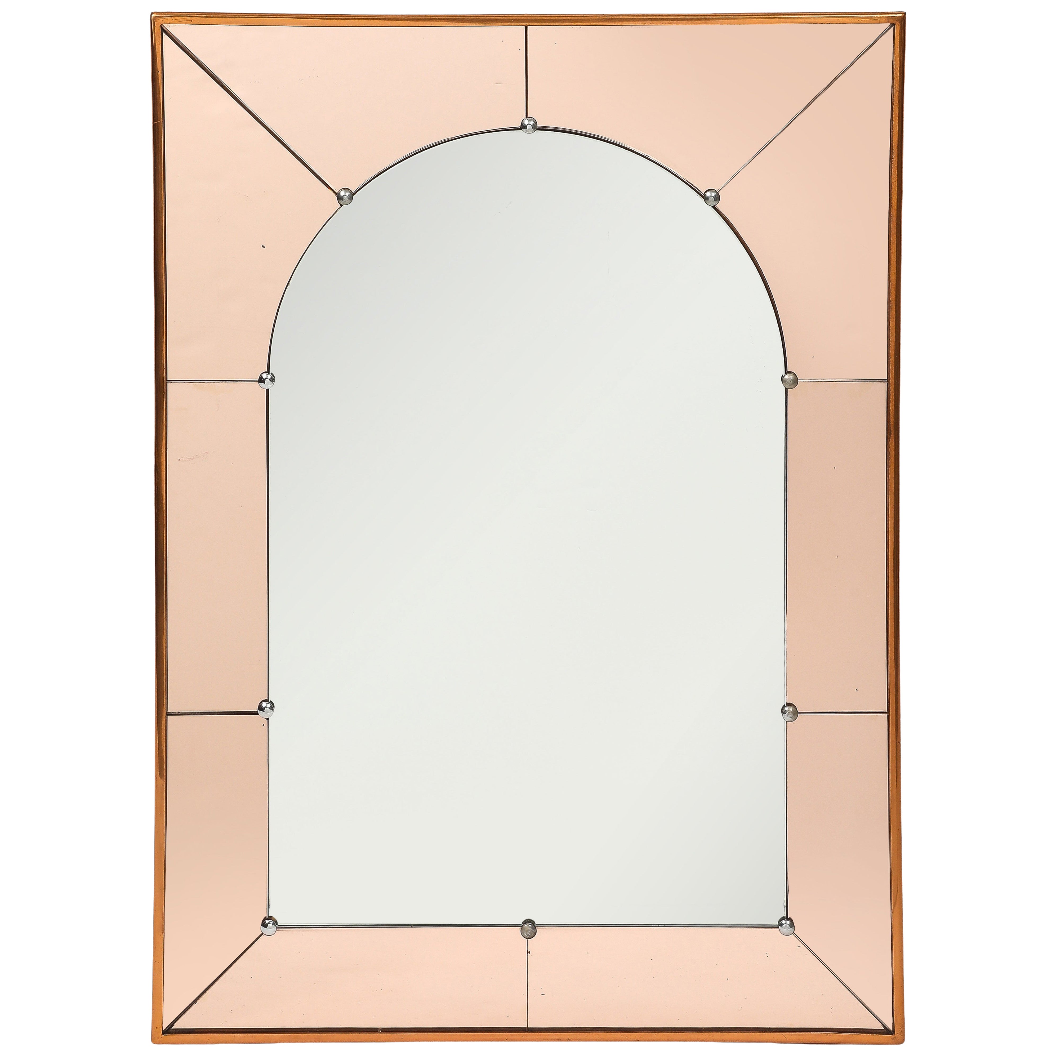 Cristal Art Large Rectangular Wall Mirror in Rose Glass and Copper Frame, 1950s
