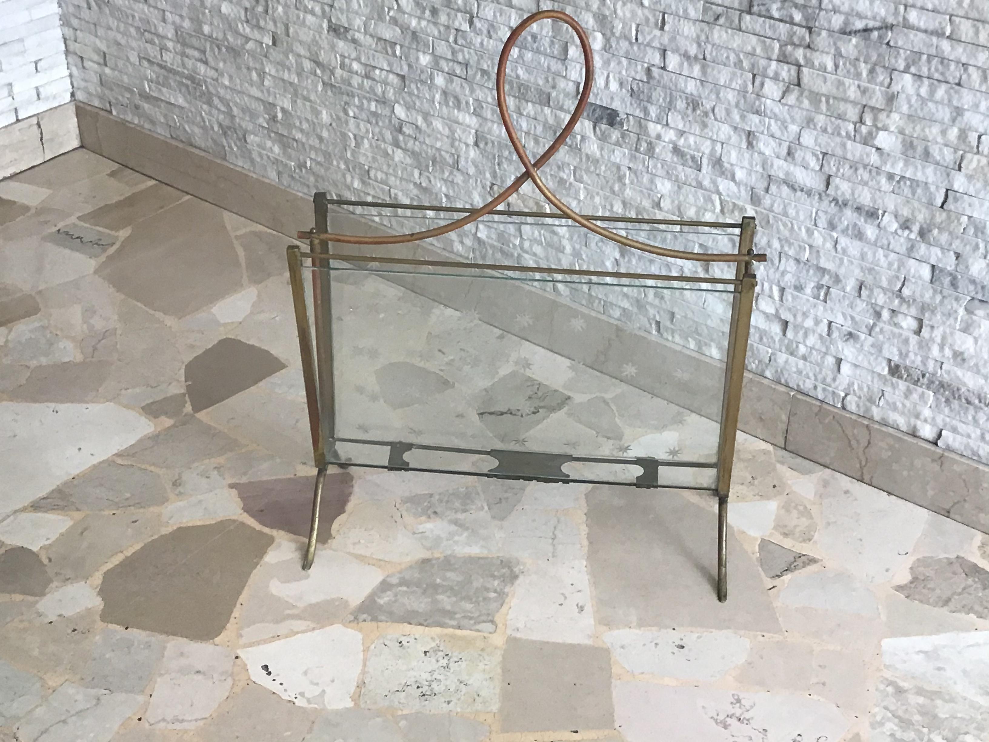 Cristal Art Magazine Holder Brass Glass, 1950, Italy For Sale 4