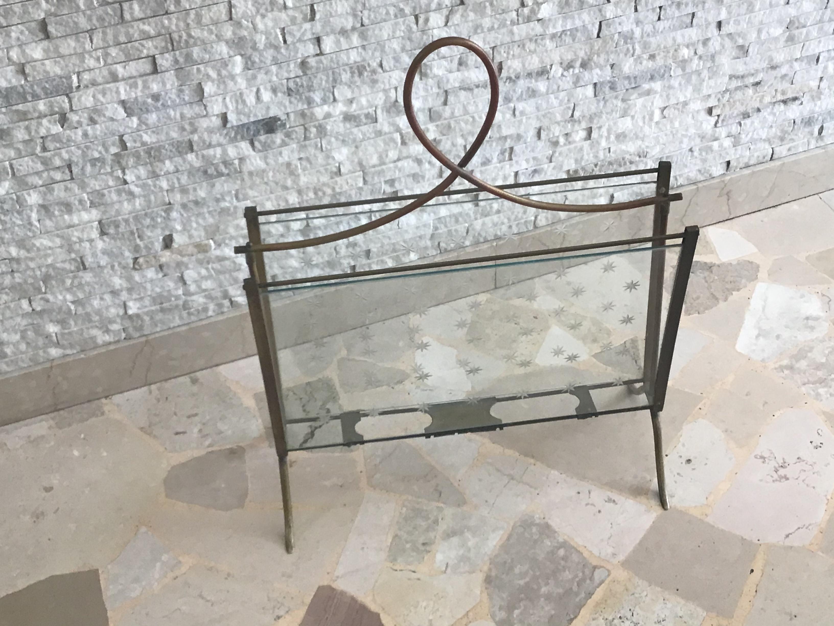 Other Cristal Art Magazine Holder Brass Glass, 1950, Italy For Sale