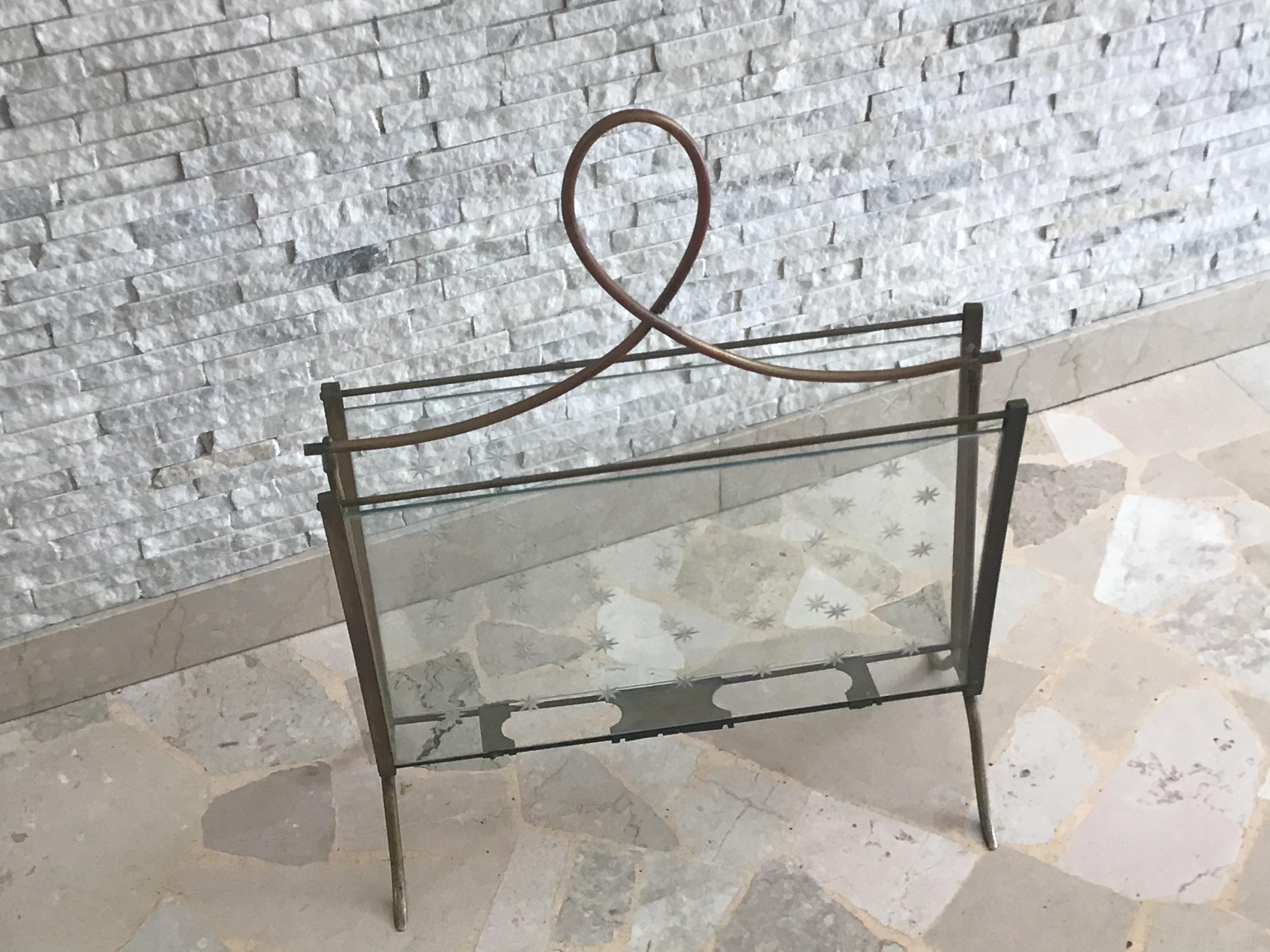 Italian Cristal Art Magazine Holder Brass Glass, 1950, Italy For Sale