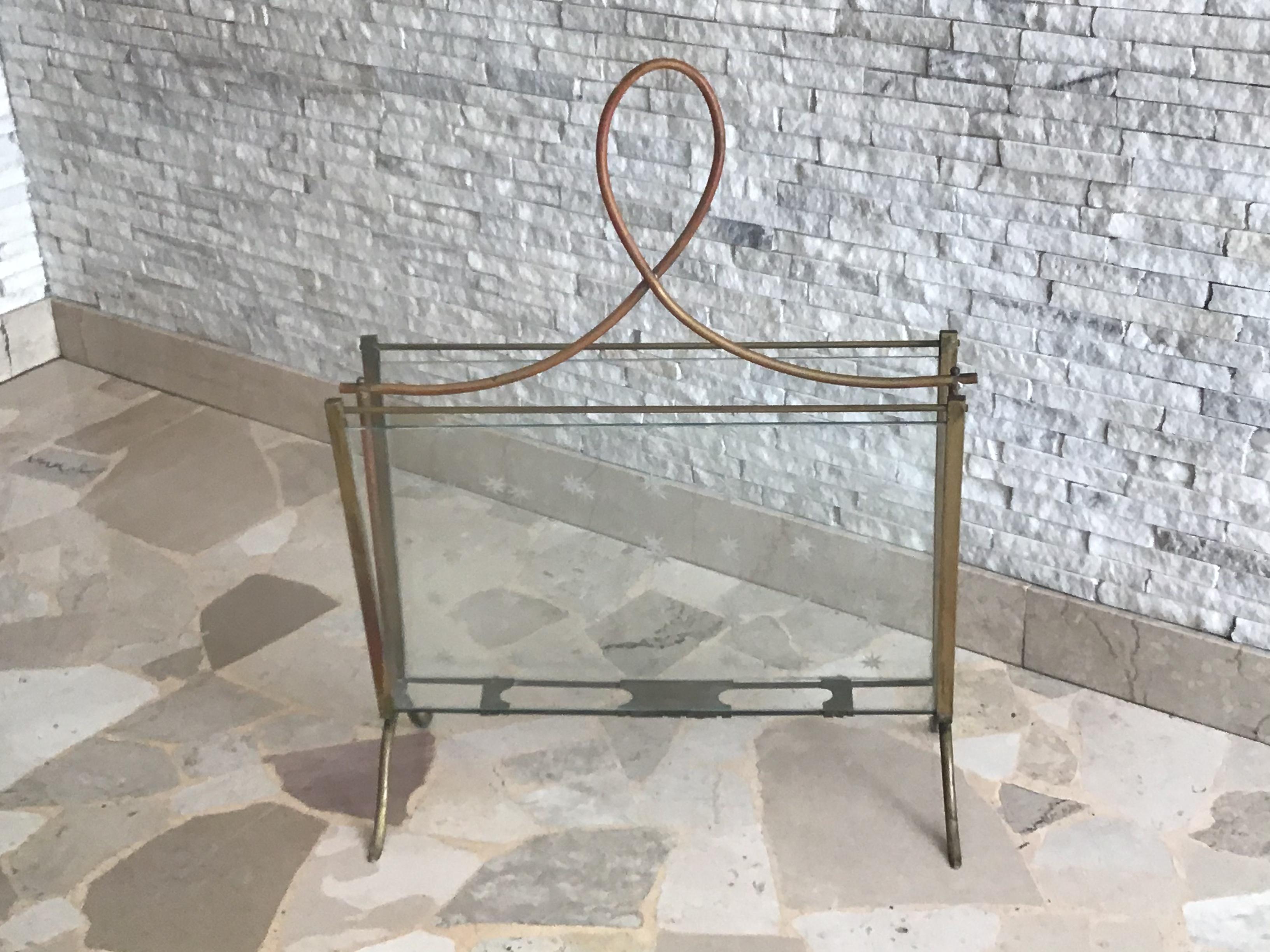 Mid-20th Century Cristal Art Magazine Holder Brass Glass, 1950, Italy For Sale