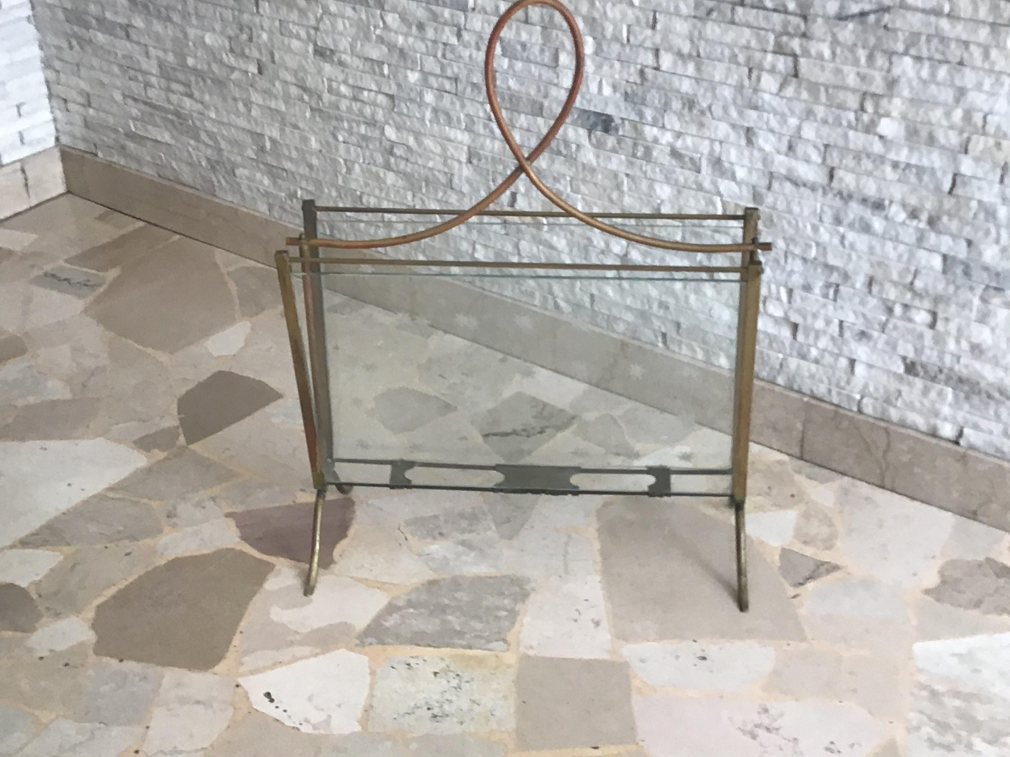 Cristal Art Magazine Holder Brass Glass, 1950, Italy For Sale 2