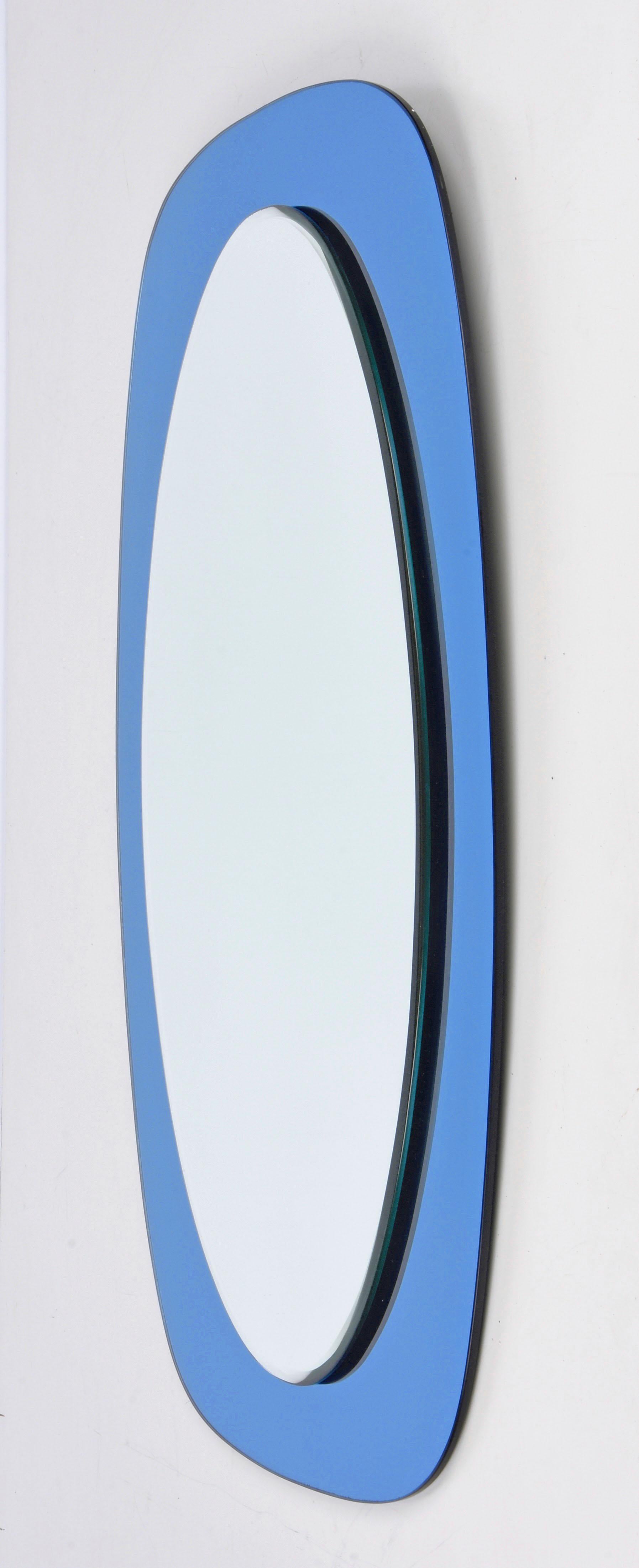 Mid-Century Modern Cristal Art Midcentury Oval Italian Wall Mirror with Blue Glass Frame, 1960s