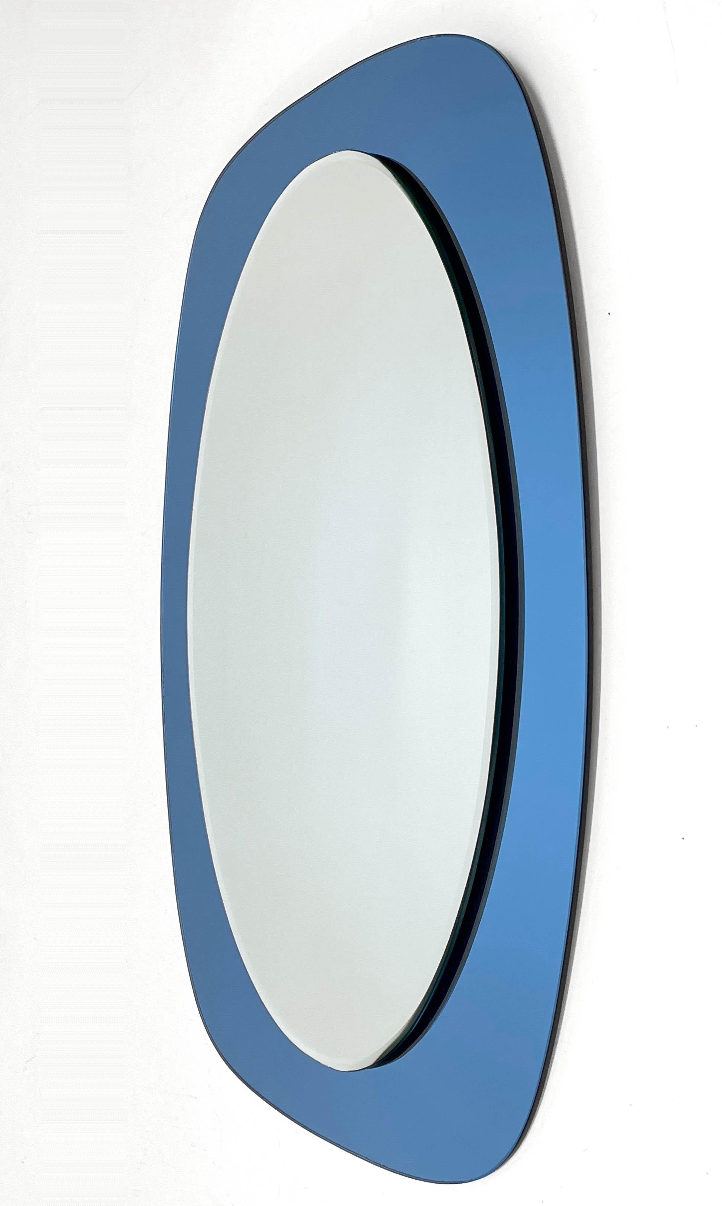 Mid-20th Century Cristal Art Midcentury Oval Italian Wall Mirror with Blue Glass Frame, 1960s