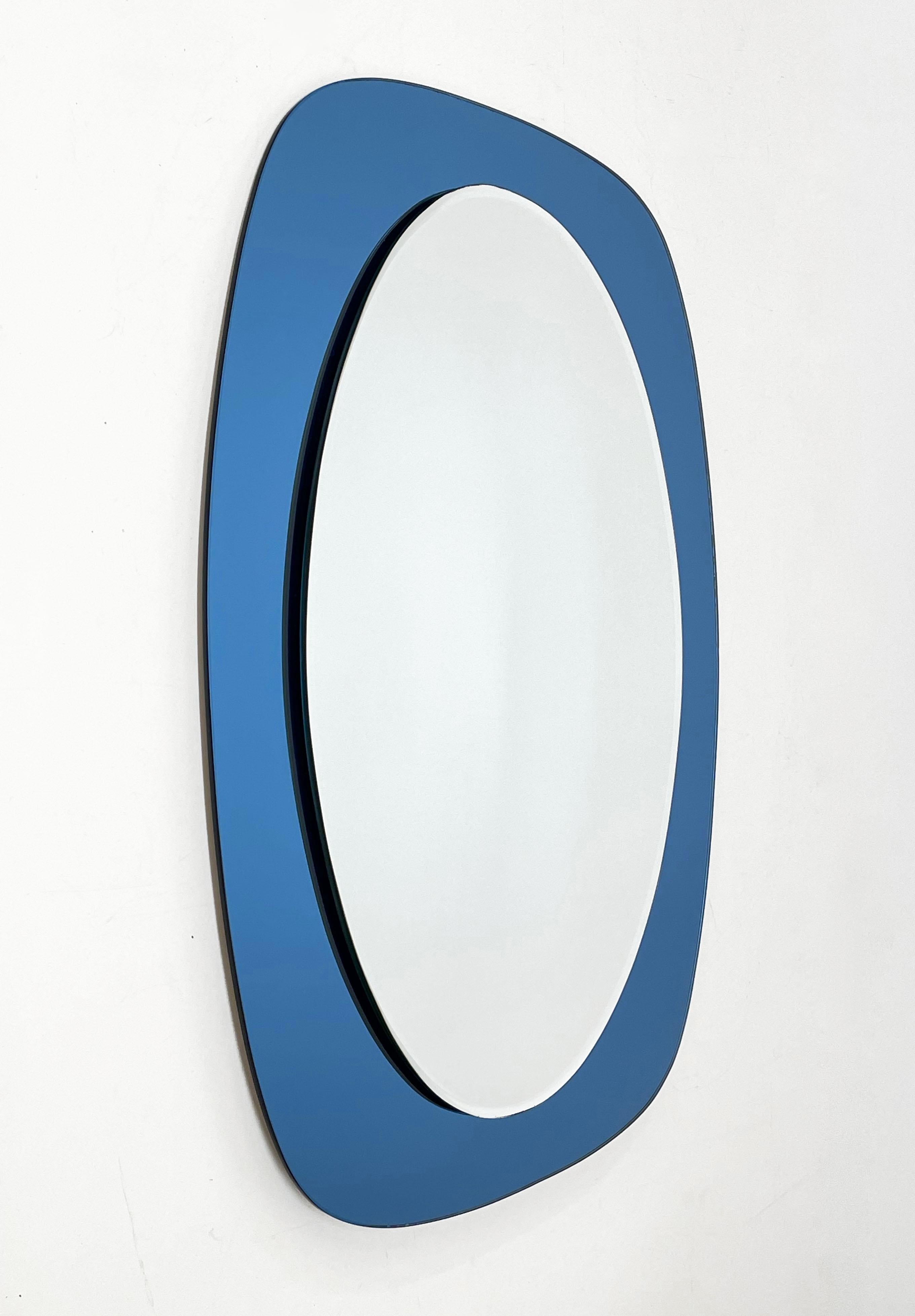 Cristal Art Midcentury Oval Italian Wall Mirror with Blue Glass Frame, 1960s 1