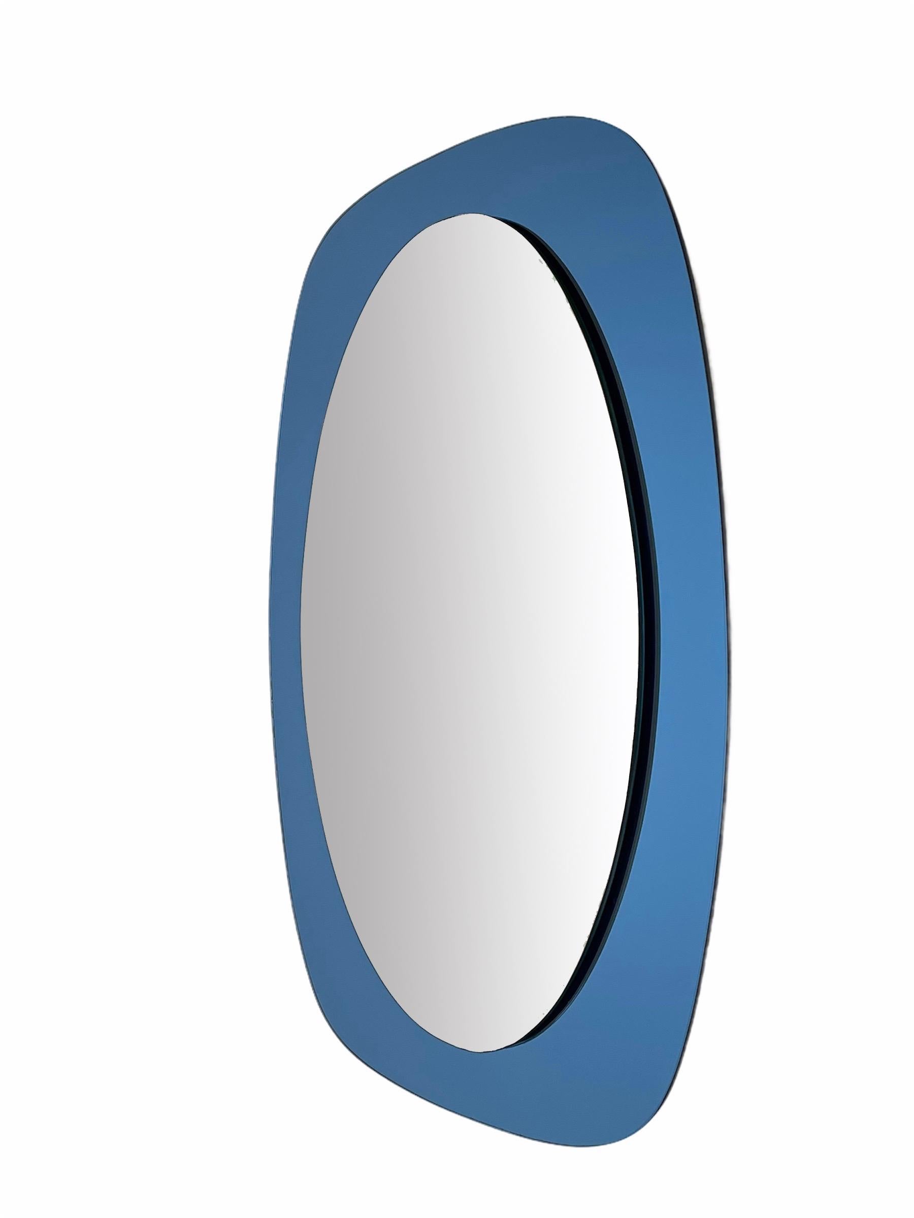 Cristal Art Midcentury Oval Italian Wall Mirror with Blue Glass Frame, 1960s 2
