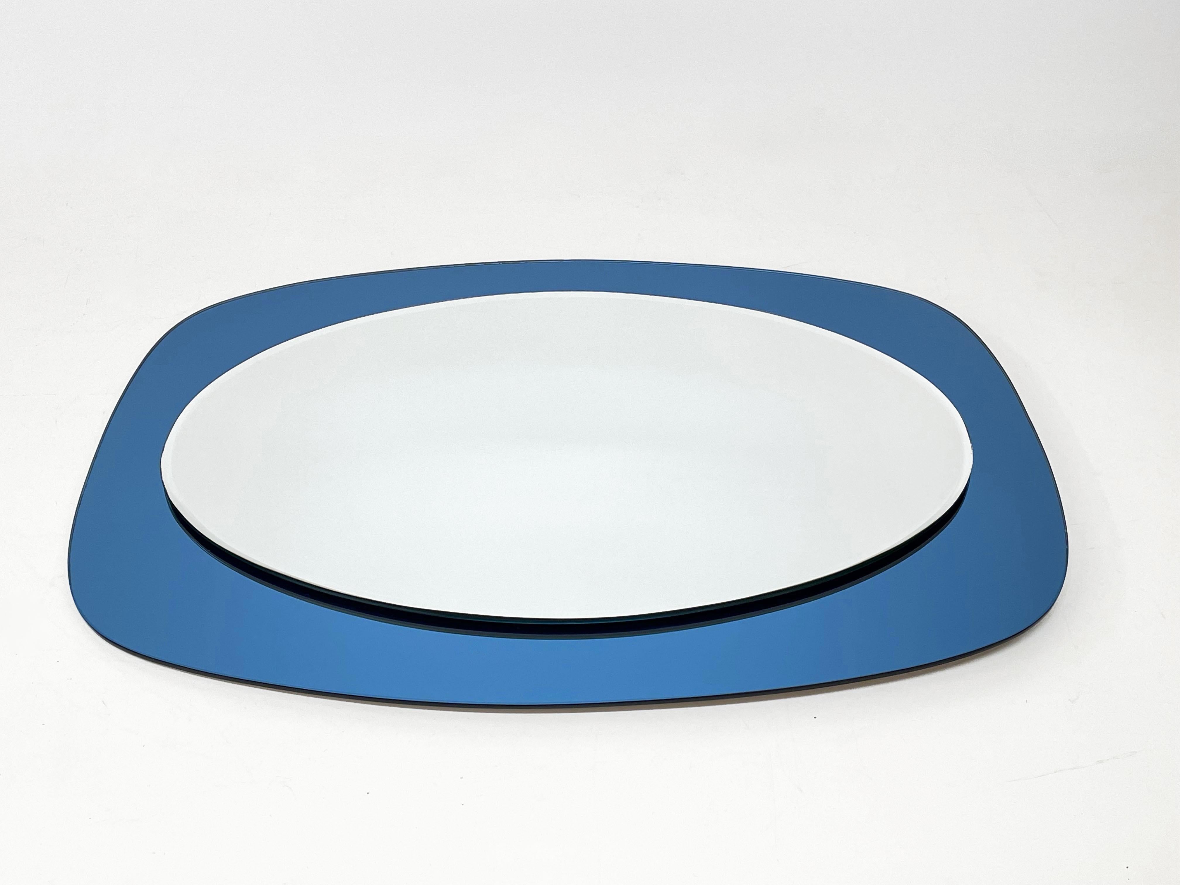 Cristal Art Midcentury Oval Italian Wall Mirror with Blue Glass Frame, 1960s 3