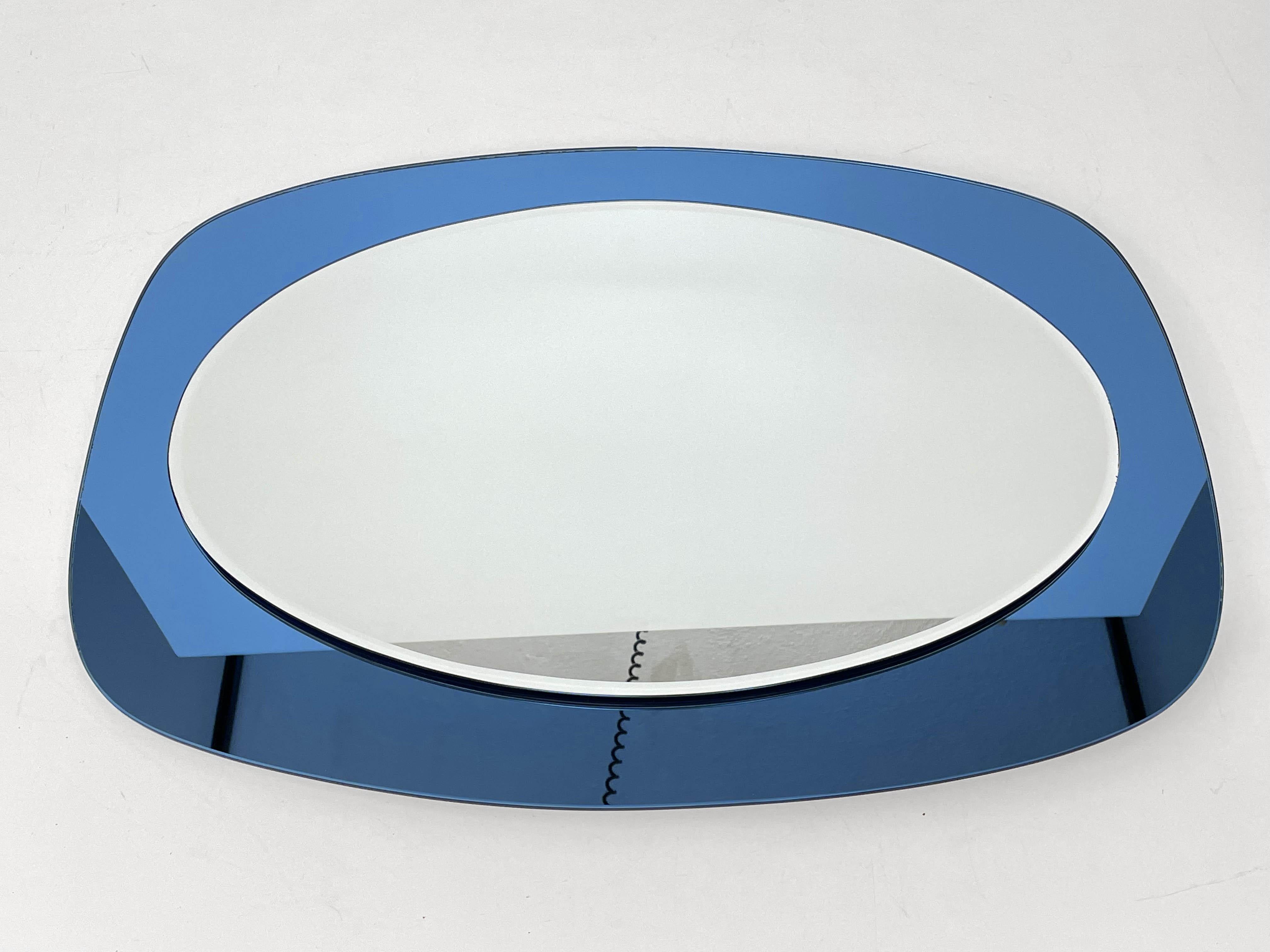 Cristal Art Midcentury Oval Italian Wall Mirror with Blue Glass Frame, 1960s 4