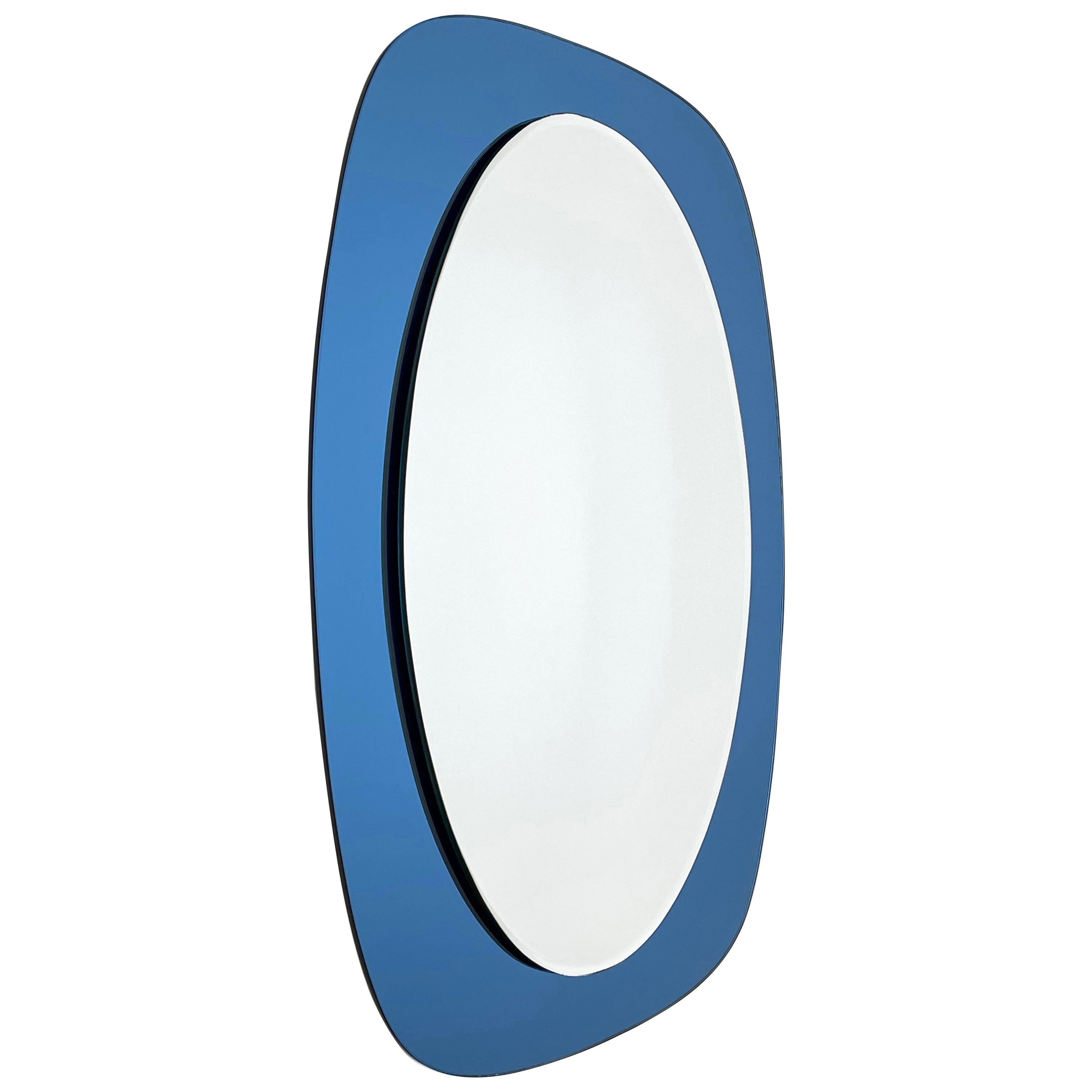 Cristal Art Midcentury Oval Italian Wall Mirror with Blue Glass Frame, 1960s