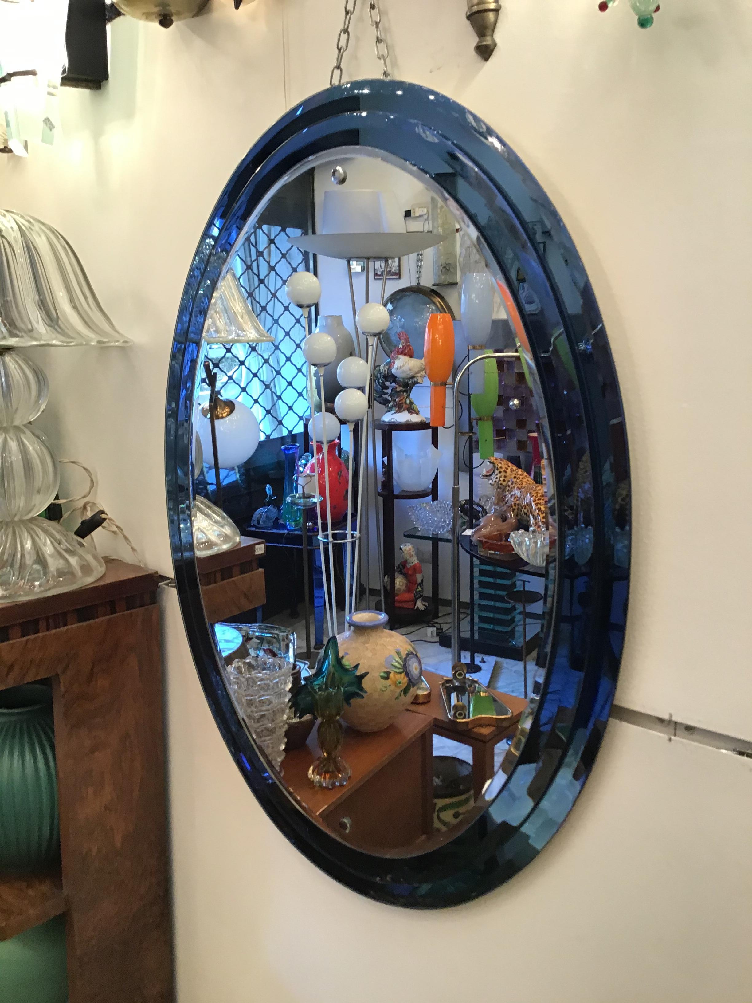 Cristal Art Mirror Blu Glass Metal, 1950, Italy In Excellent Condition In Milano, IT