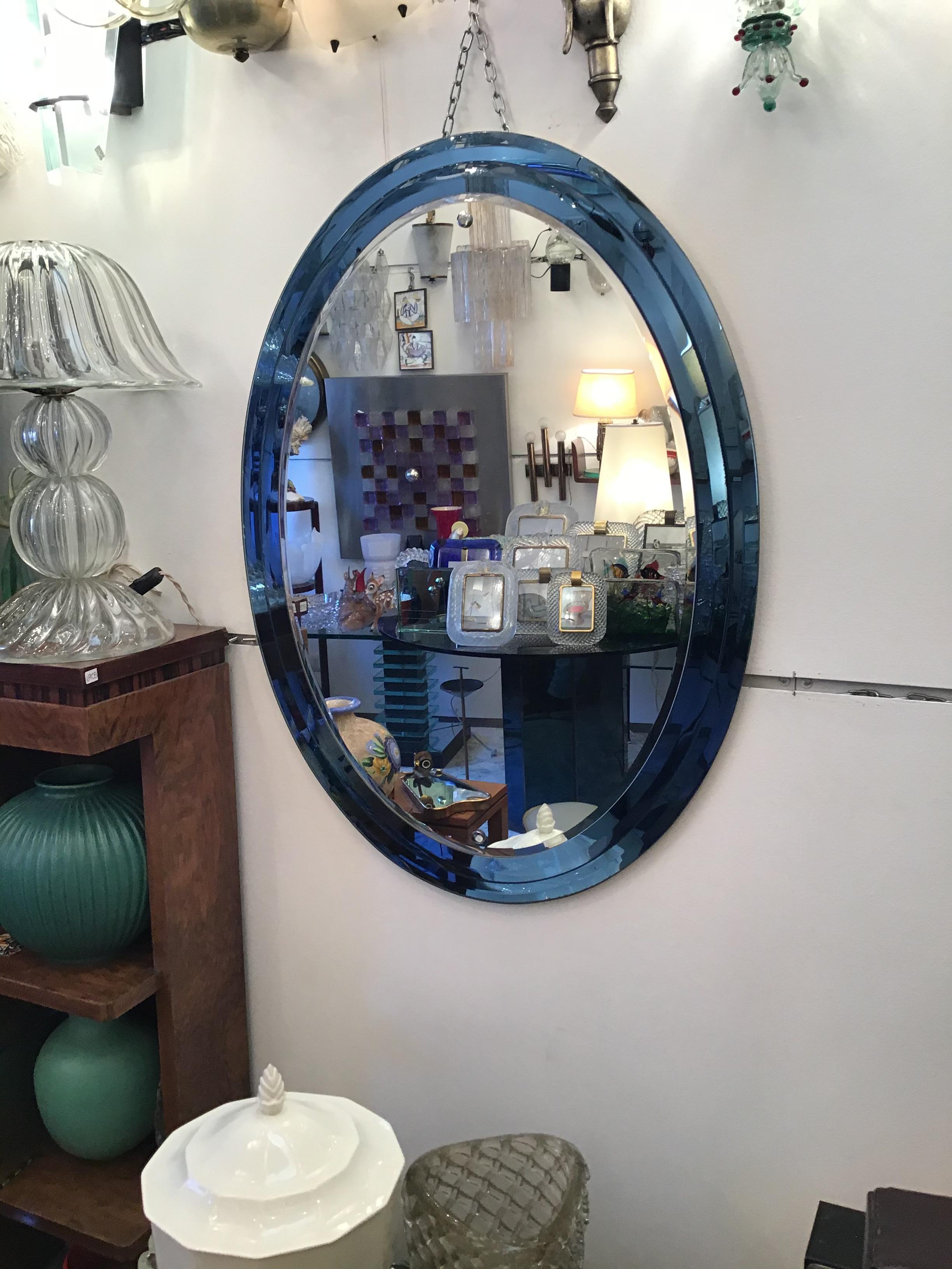 Mid-20th Century Cristal Art Mirror Blu Glass Metal, 1950, Italy