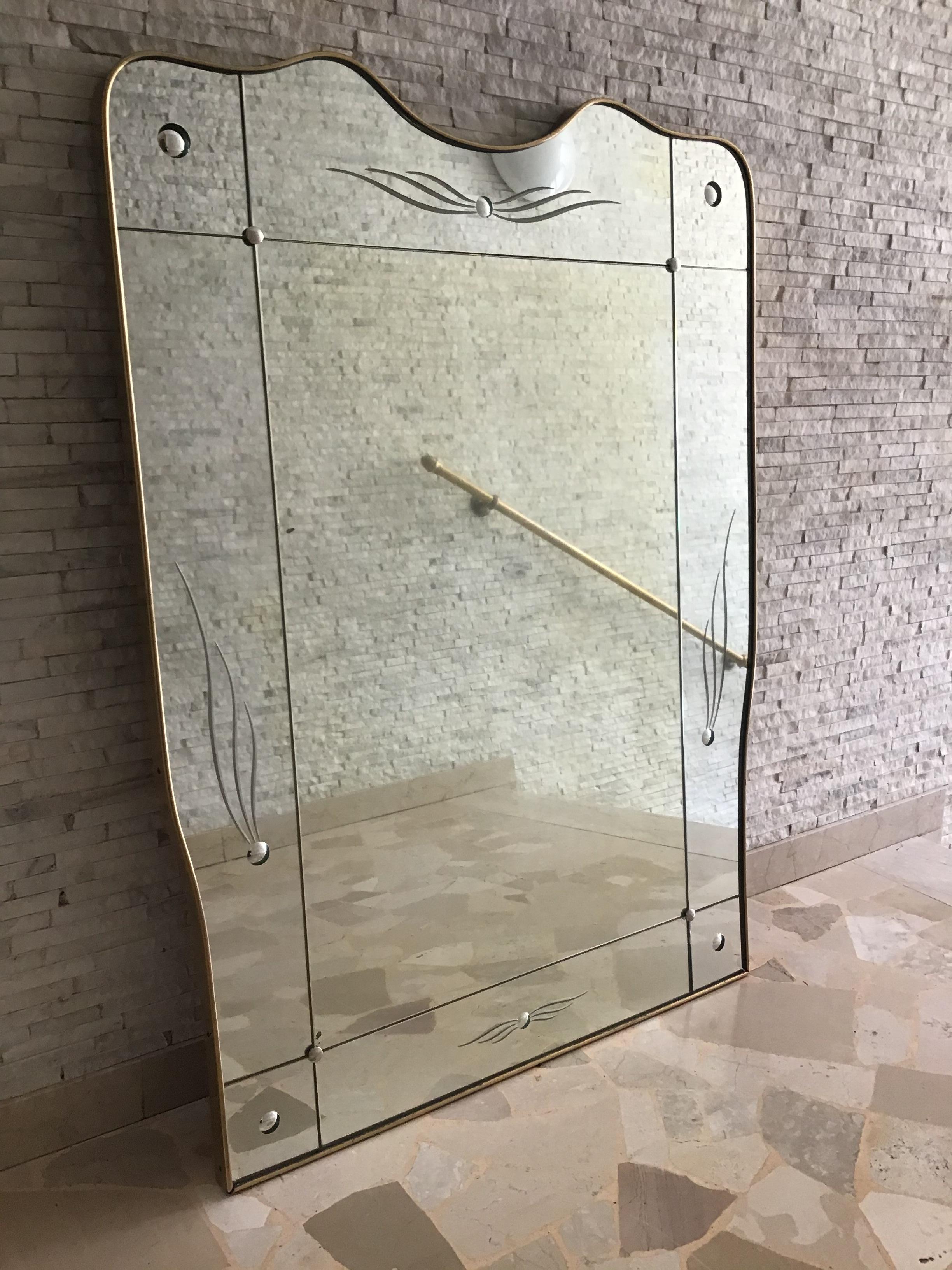 Mid-20th Century Cristal Art Mirror Brass Wood Glass 1950 Italy For Sale