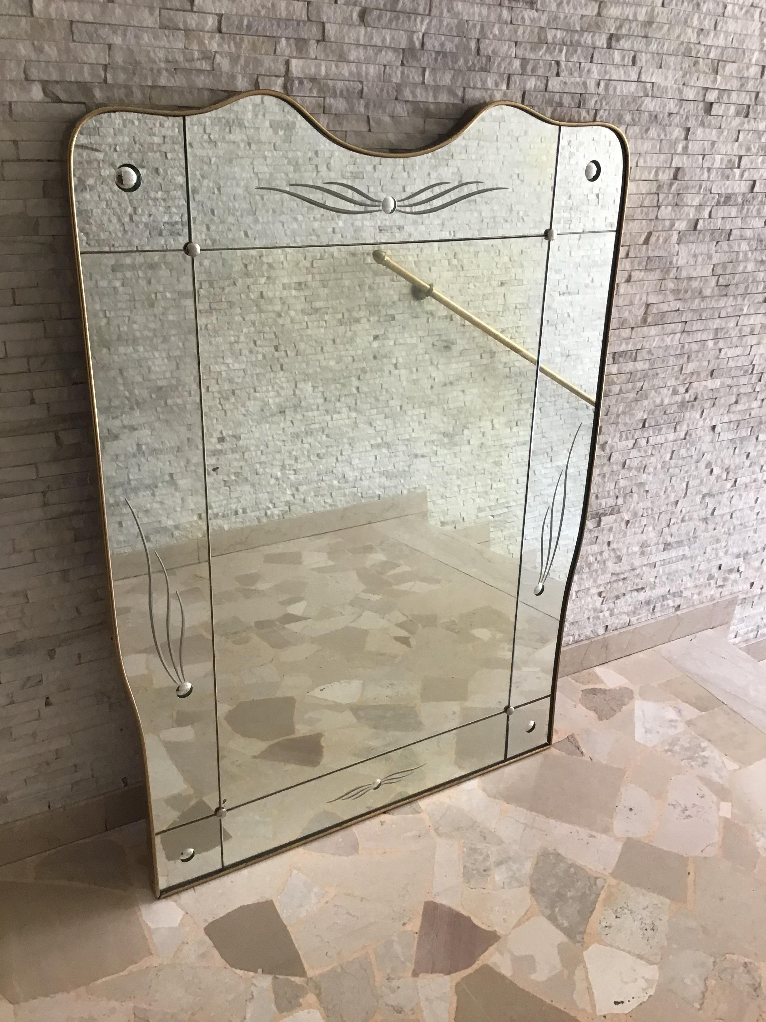 Cristal-Kunstspiegel aus Messing und Holzglas, 1950, Italien im Angebot 1