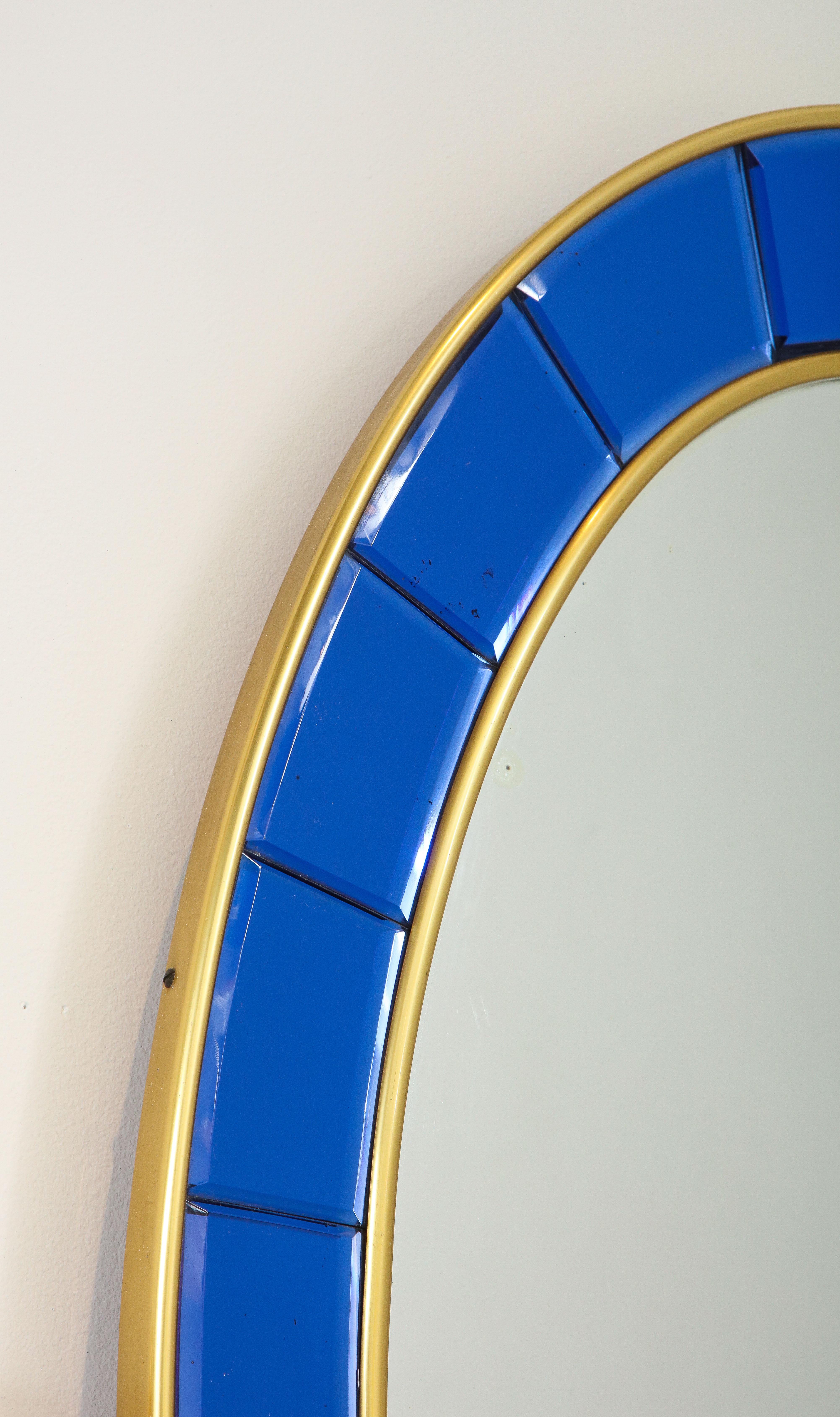 Italian Cristal Art Rare Pair of Oval Blue Hand-Cut Beveled Glass Mirrors For Sale