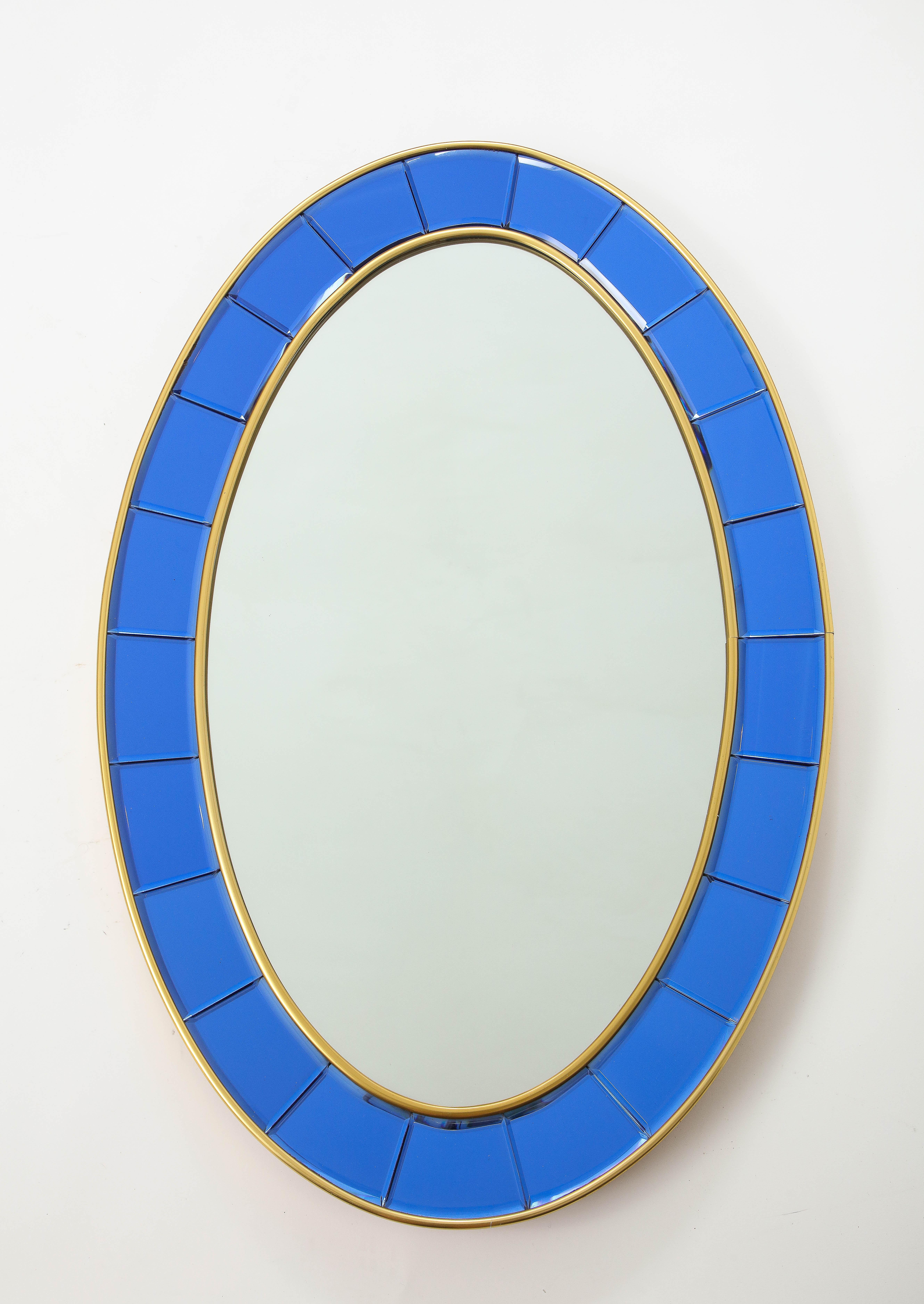 Cristal Art Rare Pair of Oval Blue Hand-Cut Beveled Glass Mirrors For Sale 1