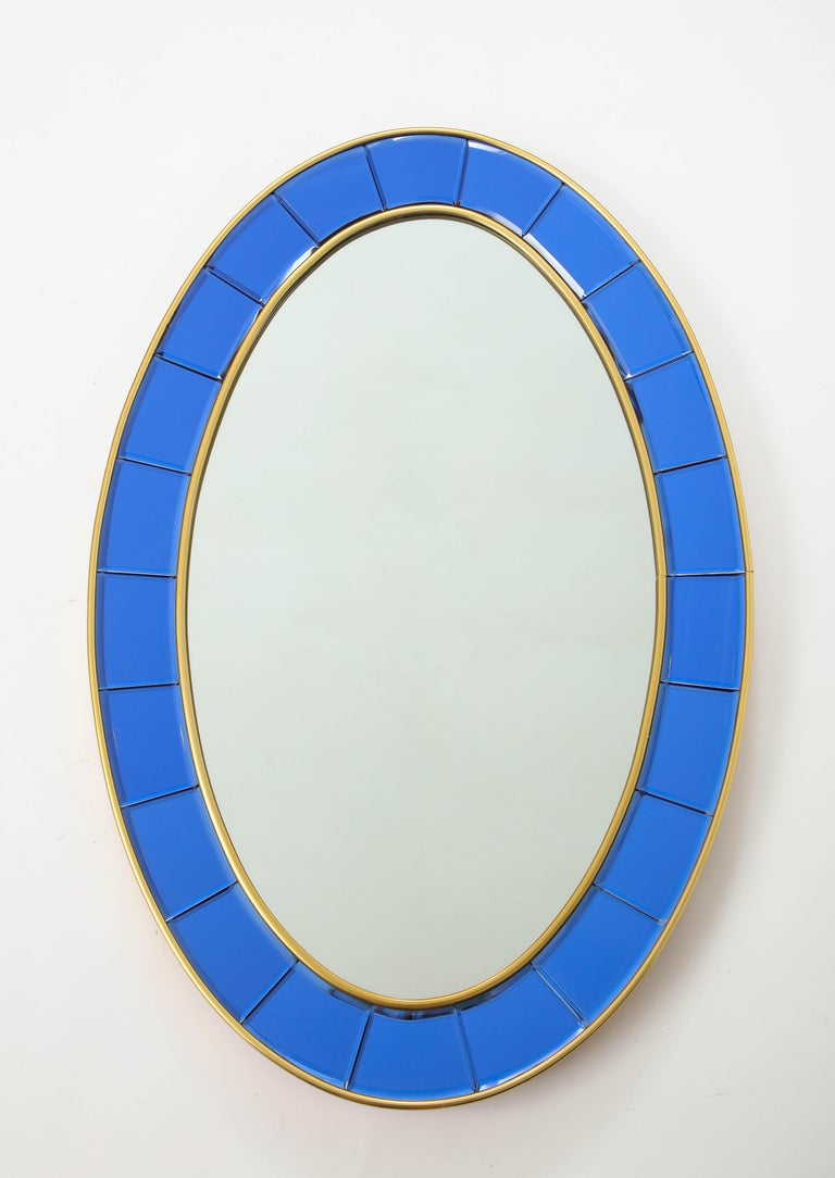 Cristal Art Rare Pair of Oval Blue HandCut Beveled Glass Mirrors For