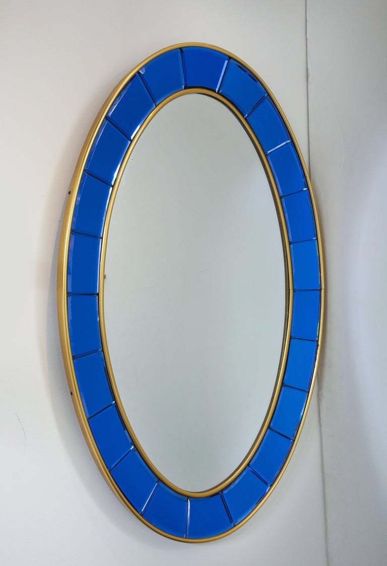 Cristal Art Rare Pair of Oval Blue HandCut Beveled Glass Mirrors For