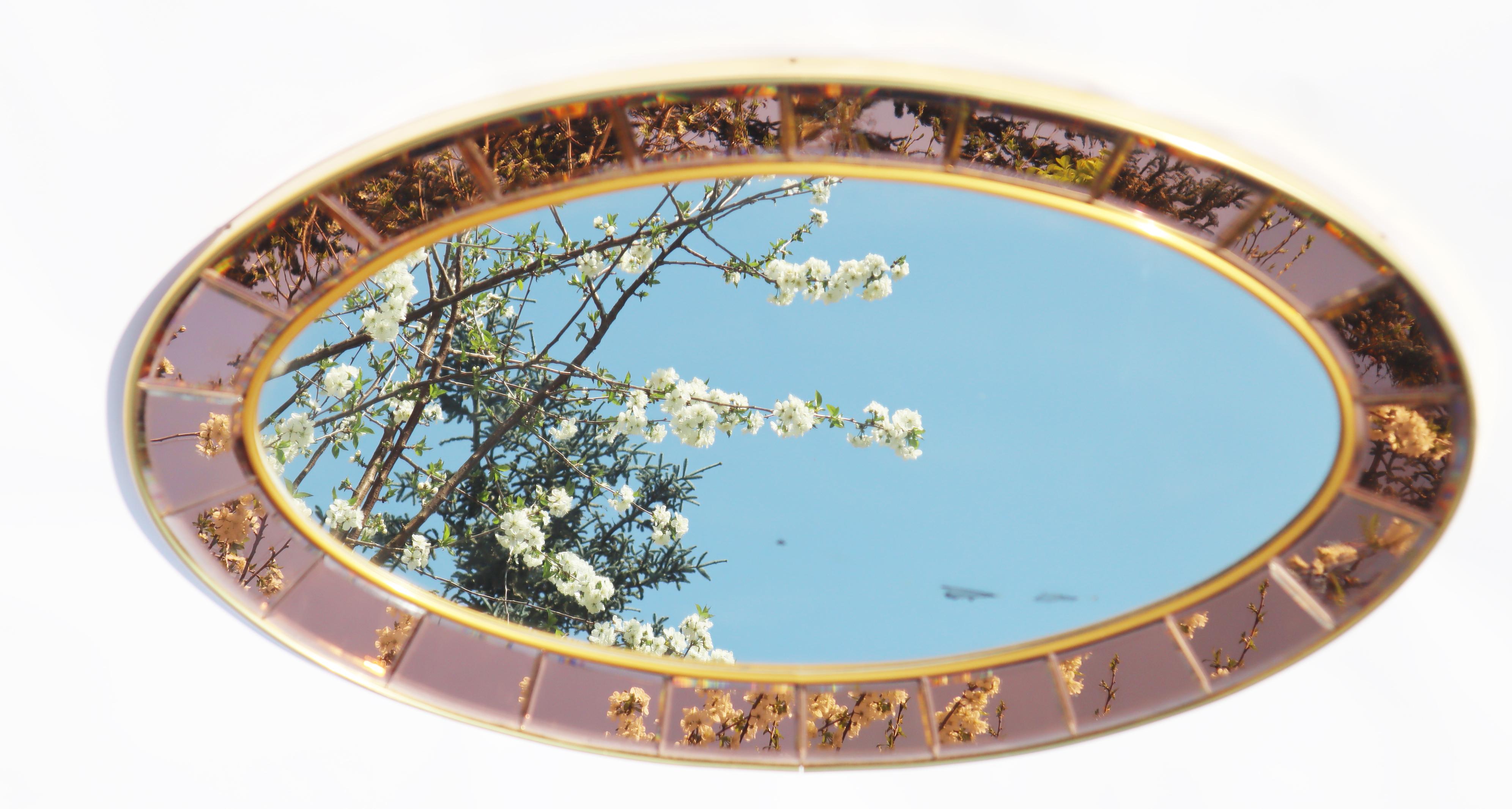 Italienischer ovaler Cristal Art-Wandspiegel aus Roségold und vergoldetem Messing, 1950er Jahre im Angebot 11