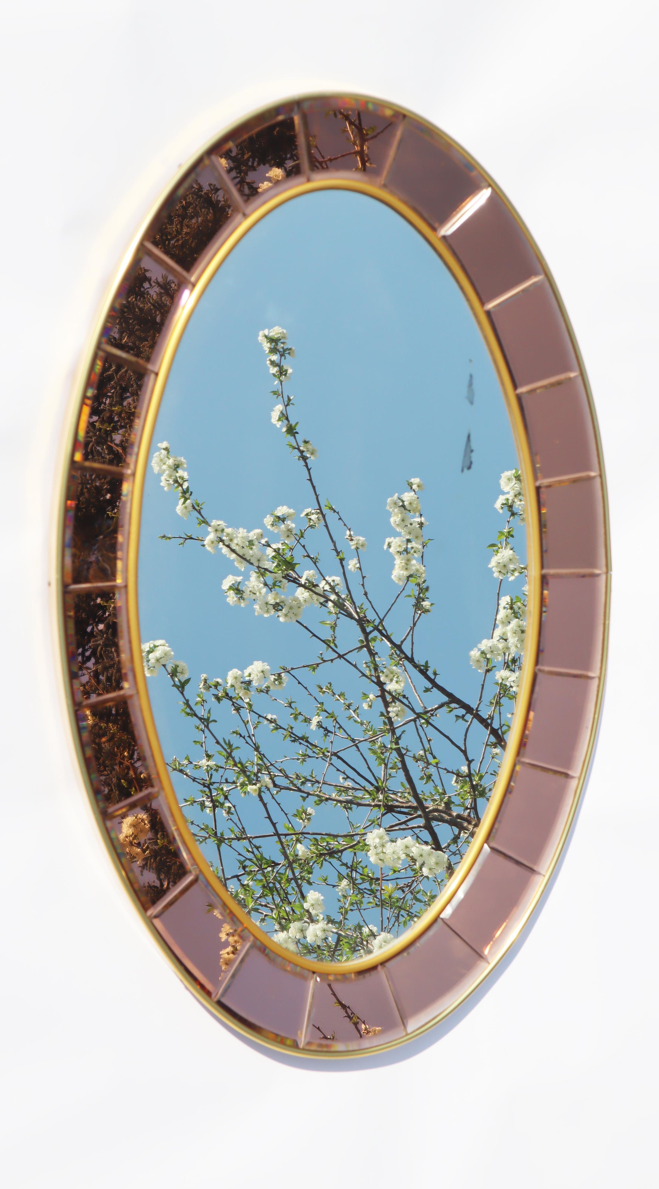 Dieser einzigartige ovale Spiegel von Cristal Art ist ein wahres Meisterwerk, das sowohl Eleganz als auch Handwerkskunst verkörpert. Sein bezaubernder Rand in roségoldenem Kristall hat ein kompliziert geteiltes Design und eine abgeschrägte,