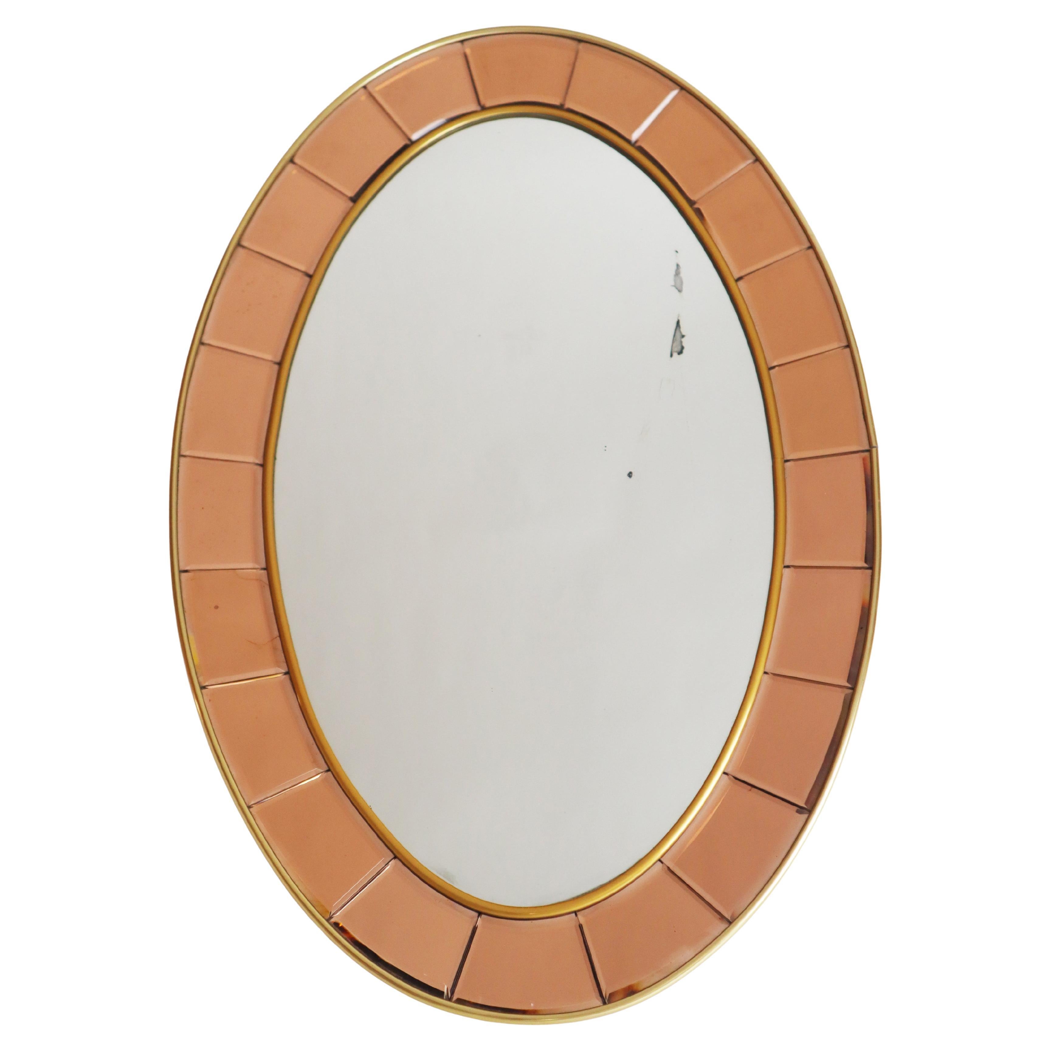 Italienischer ovaler Cristal Art-Wandspiegel aus Roségold und vergoldetem Messing, 1950er Jahre im Angebot