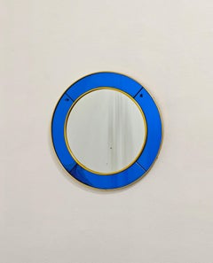 Wall Mirror Cristal Art Mirrored Glass Round Blue Brass Mid-Century Italy 1950
