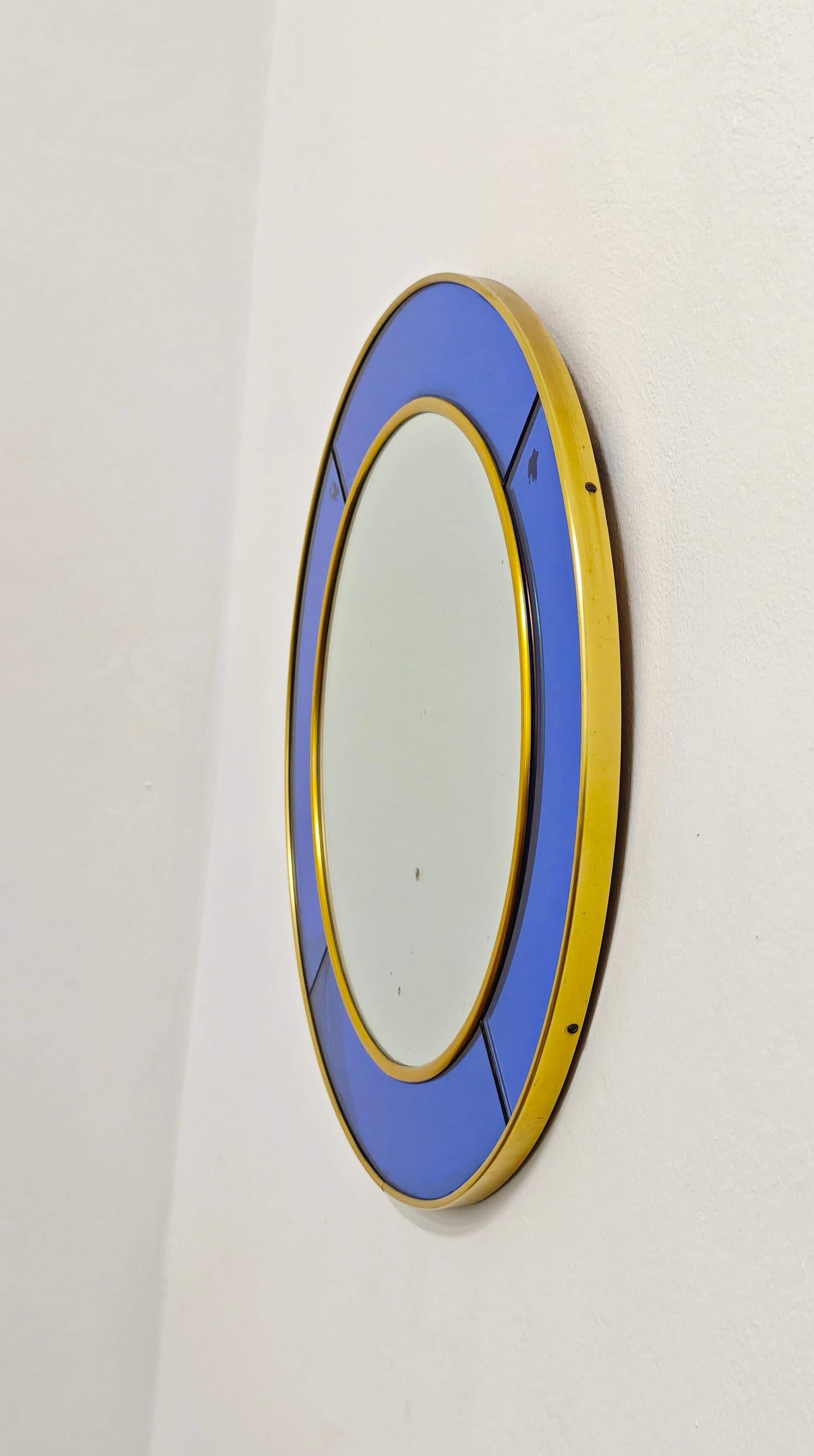 Cristal Arte Espejo Redondo Biselado a Mano Cristal Azul Mediados de Siglo Italia 1950 Moderno de mediados de siglo en venta