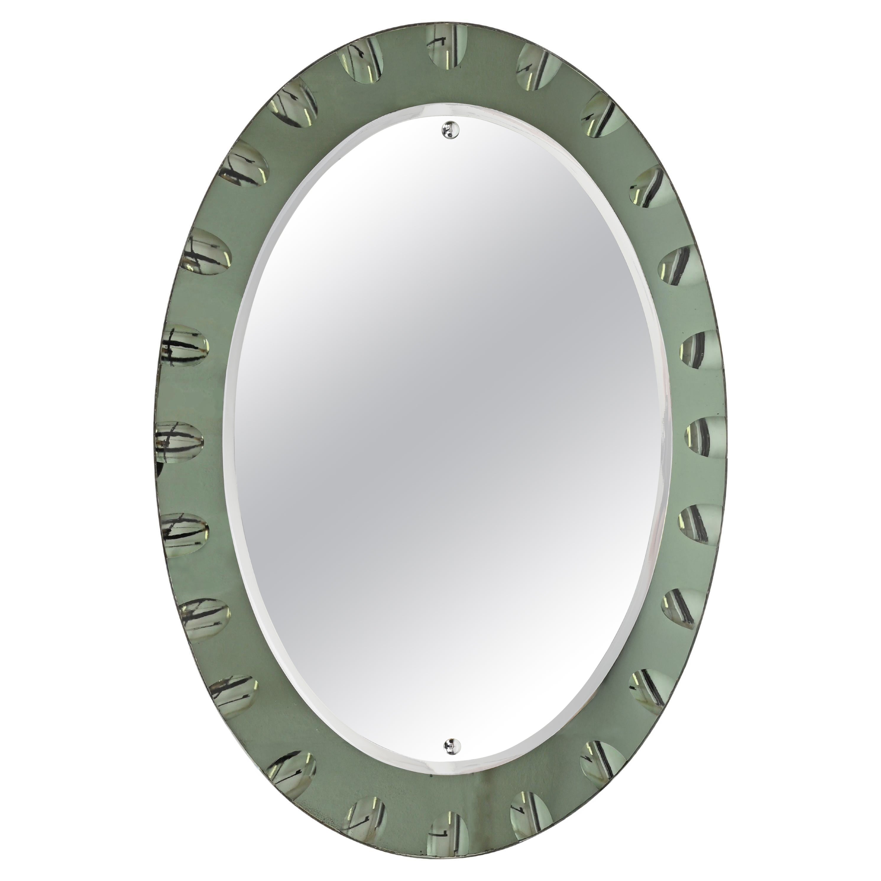 Cristal Art Sage Green Large Oval Double Beveled Mirror, Italy, 1950s en venta