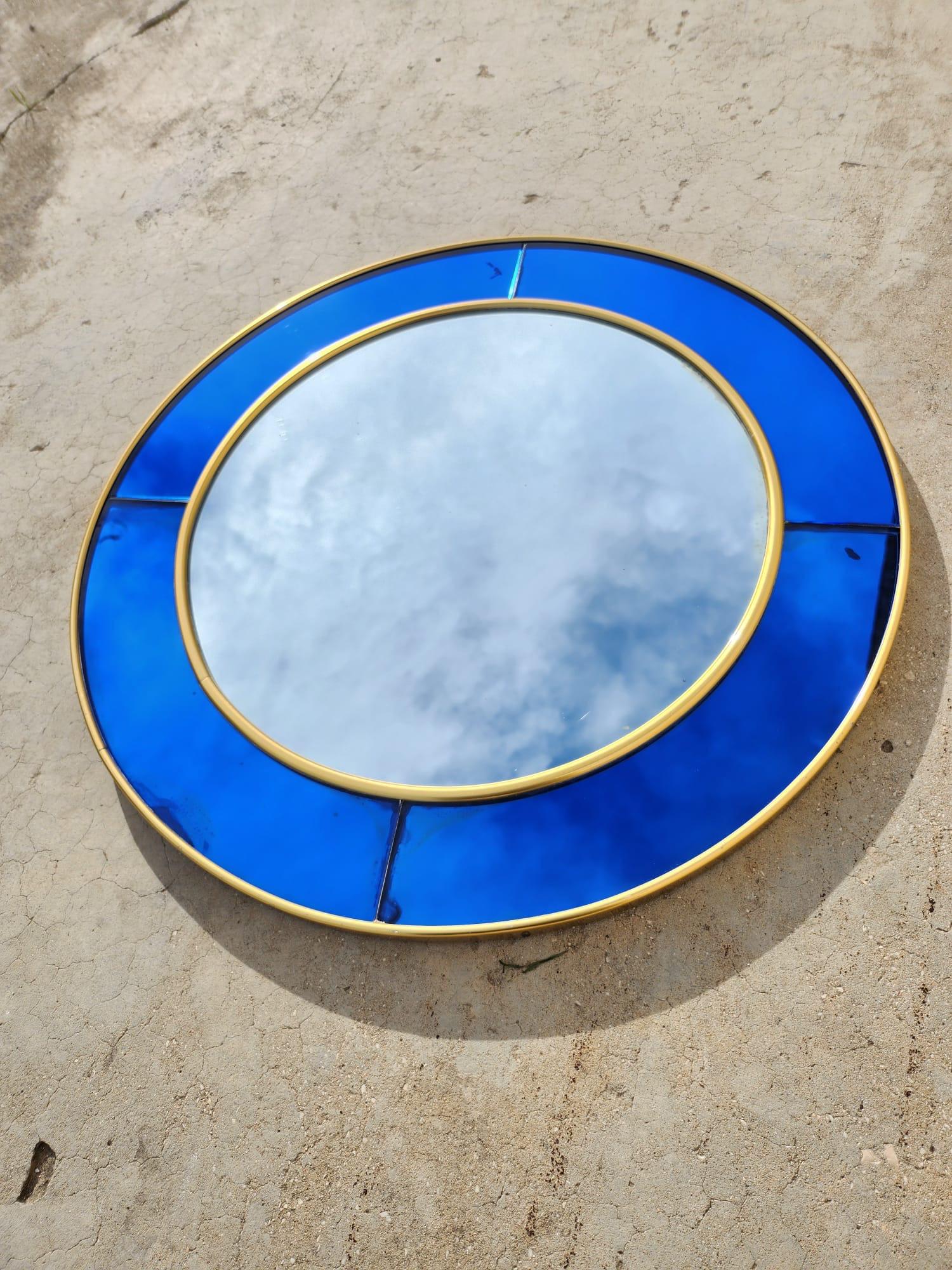 Beautiful Cristal Art Torino mirror of rare blue color with double brass frame 