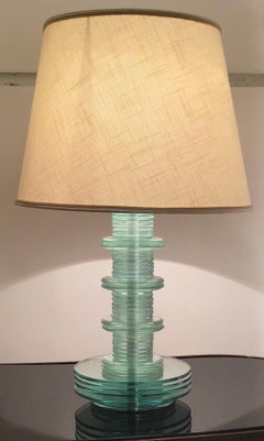 Cristal Art Table Lamp Glass Iron Fabric Lampshade, 1960, Italy