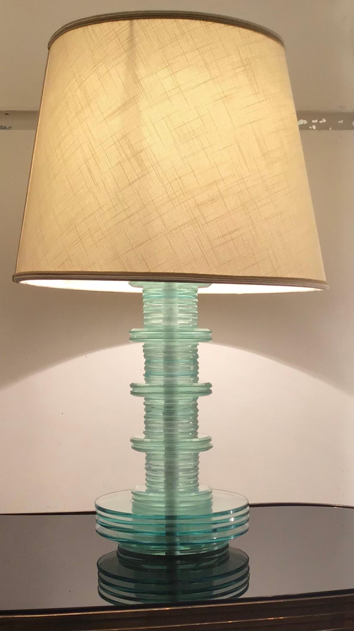 Italian Cristal Art Table Lamp Glass Iron Fabric Lampshade, 1960, Italy For Sale