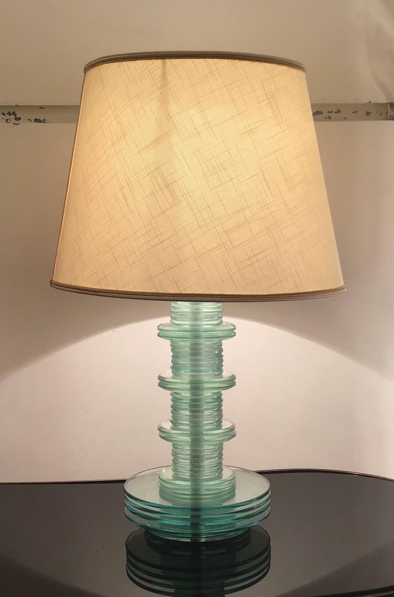 Cristal Art Table Lamp Glass Iron Fabric Lampshade, 1960, Italy In Excellent Condition For Sale In Milano, IT