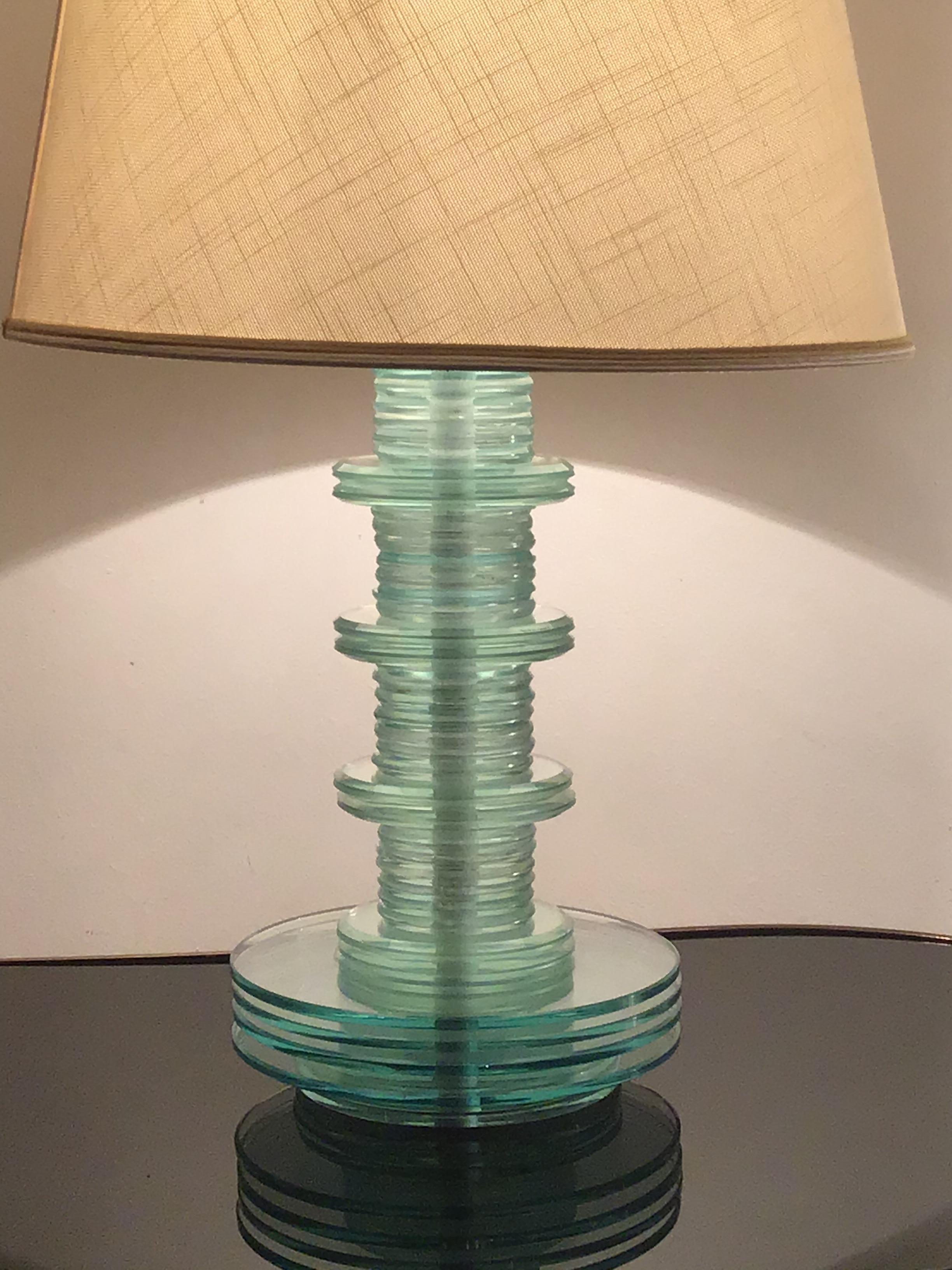 Mid-20th Century Cristal Art Table Lamp Glass Iron Fabric Lampshade, 1960, Italy For Sale