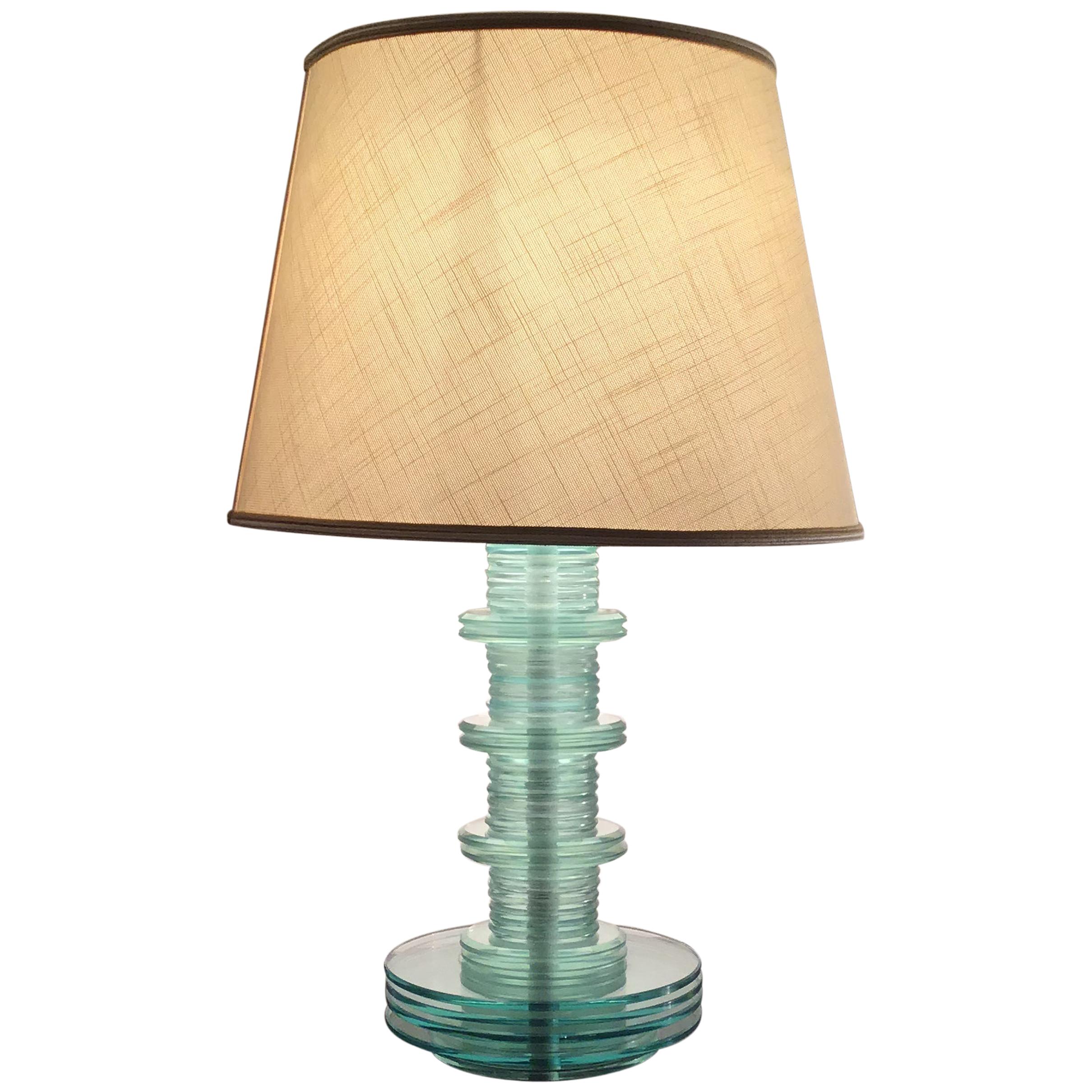 Cristal Art Table Lamp Glass Iron Fabric Lampshade, 1960, Italy